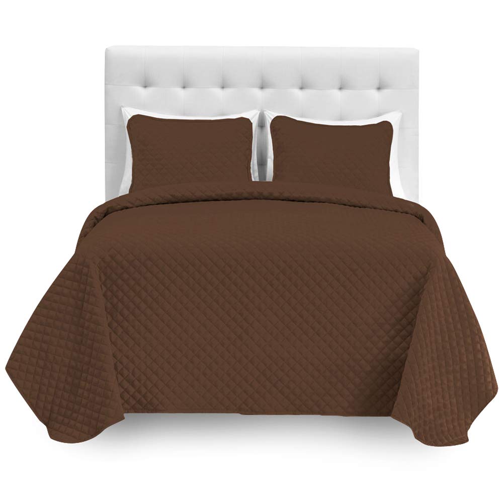 Bare Home Split Queen Coverlet Set with Microfiber Sheet Set - Diamond Stitched Lightweight Bedspread & Ultra Soft Sheets (Cocoa Coverlet, White Sheets) - Perfect for Guest Rooms, Master Bedrooms & Cozy Home Decor