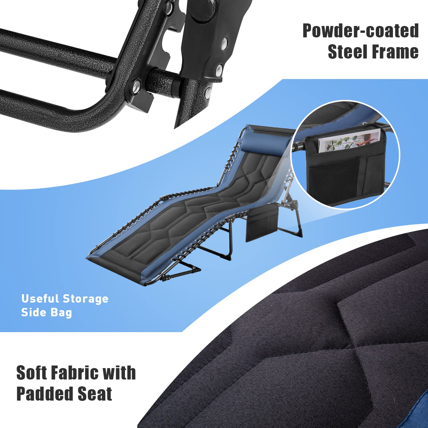 Flamaker 4-Position Adjustable Folding Chaise Lounge Chair - Portable Outdoor Recliner with Pillow & Side Pocket - Lightweight Camping, Beach, Pool Sunbathing Chair for Patio, Backyard, Deck (Blue) - Perfect for Relaxing, Travel & Outdoor Adventures