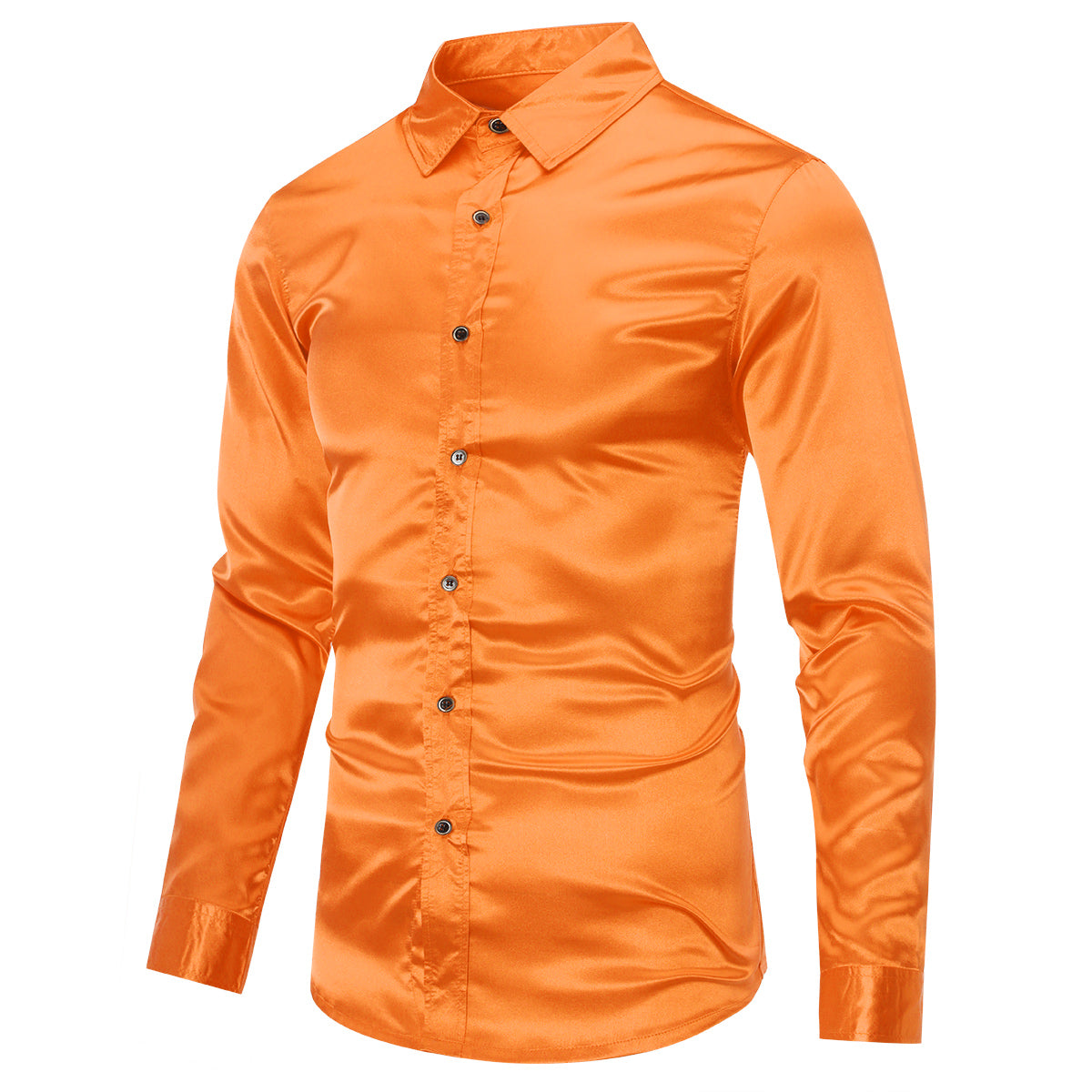 Stylish Men's Shiny Long Sleeve Lapel Casual Shirt in Vibrant Orange - Perfect for Office Wear, Date Nights & Special Occasions