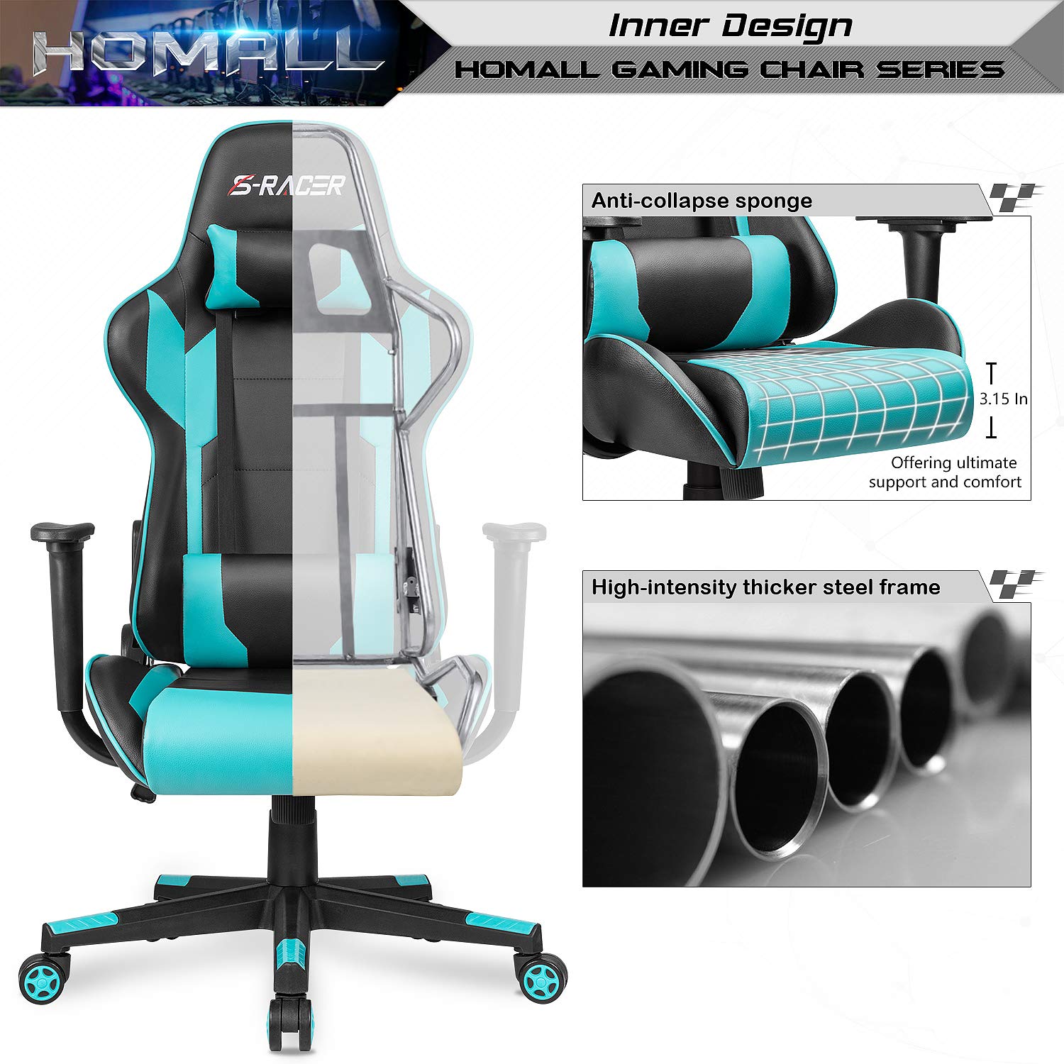 Homall Ergonomic Gaming Chair - High Back Office Chair with Adjustable Headrest & Lumbar Support, Leather Computer Desk Chair for Racing, Executive & Home Use (Cyan) - Perfect for Gaming, Working & Relaxing