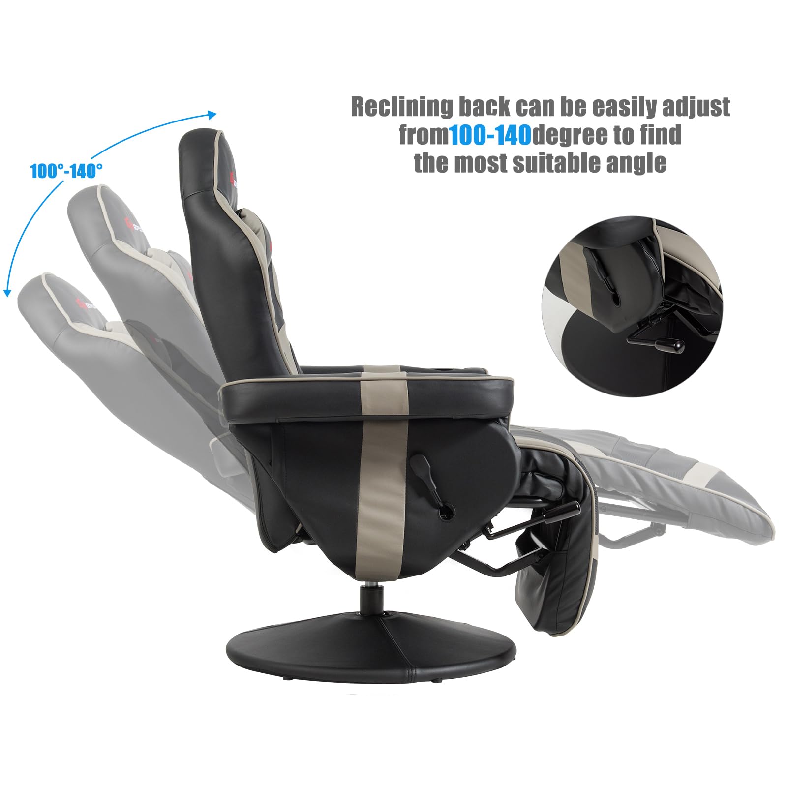 Powerstone Ergonomic Gaming Recliner Chair with Massage & Footrest - PU Leather Video Game Chair with Adjustable Headrest, Cup Holder & Side Pouch - Comfortable Home Theater Seating for Living Room & Game Room (Grey) - Perfect for Esports, Console Gaming & Movie Nights