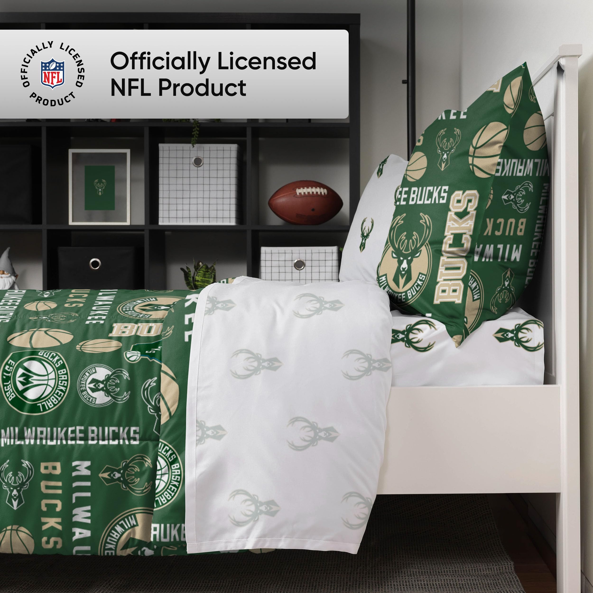 FOCO Milwaukee Bucks NBA Team Color 5-Piece Twin Bed in a Bag Comforter Set - Official NBA Bedding for Fans, Perfect for Game Nights & Teen Rooms