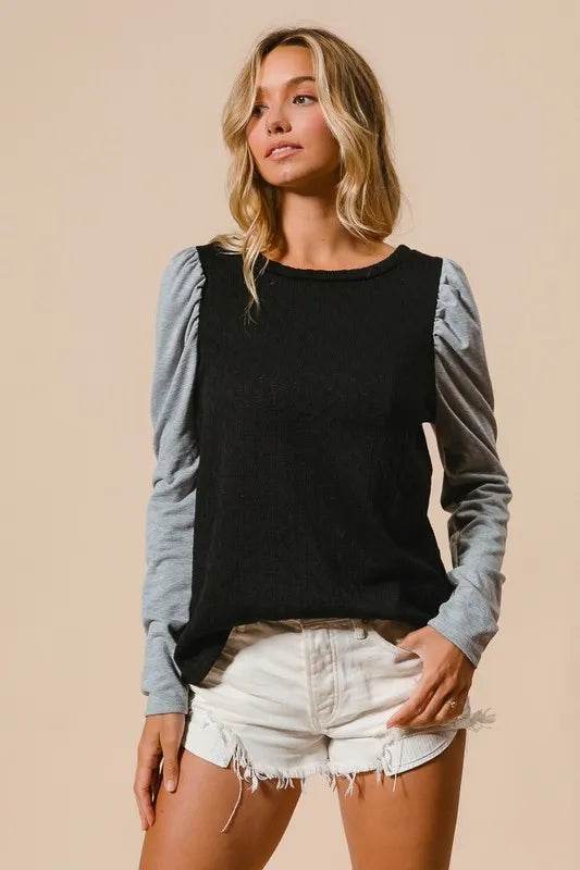BiBi Cable Knit Sweater Top with Contrast Puff Sleeves | Women's Casual Winter Pullover | Perfect for Office, Date Night & Holiday Outfits
