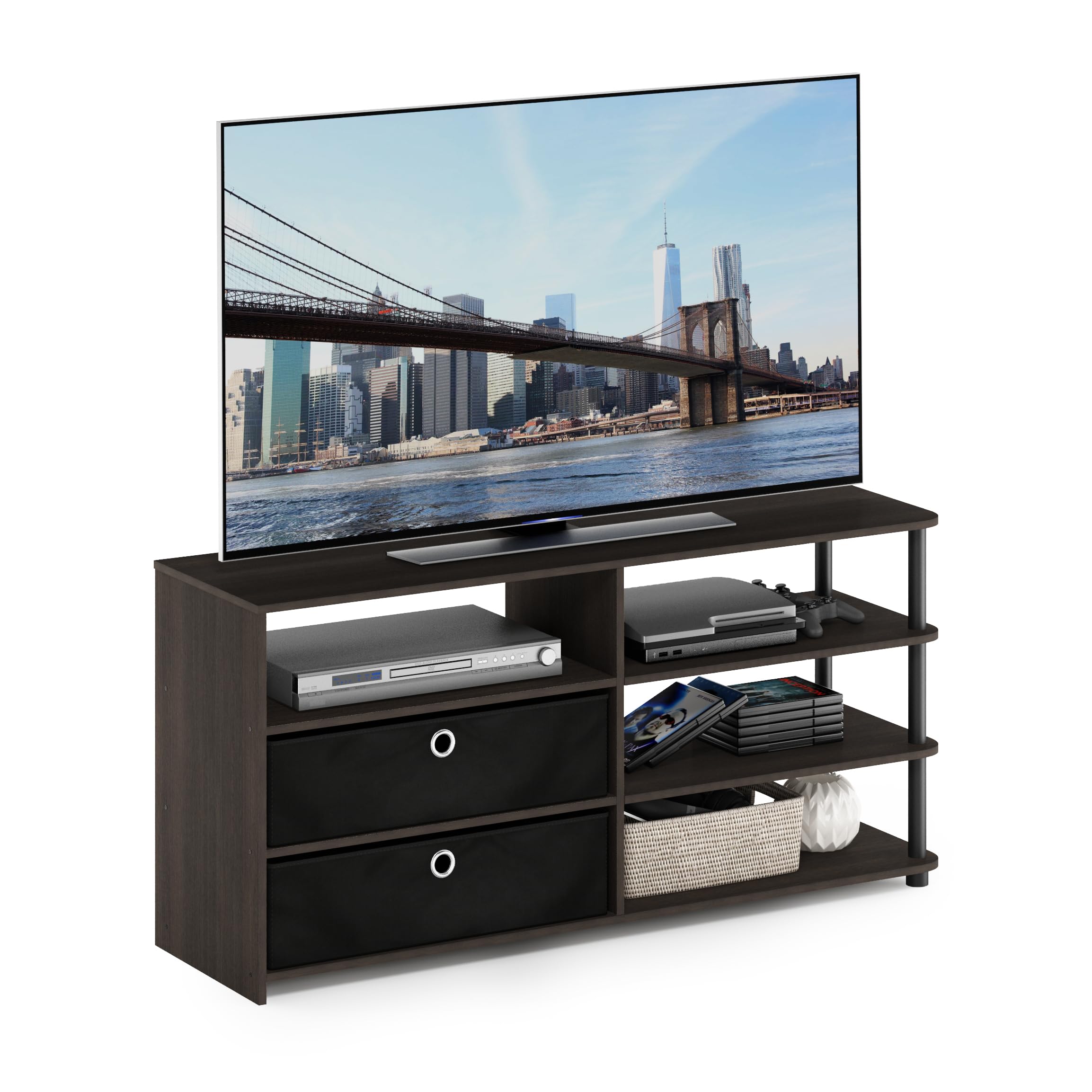Furinno JAYA 55-Inch TV Stand with Storage Bins - Walnut Finish, Simple Modern Design for Living Room, Bedroom & Home Theater Setup