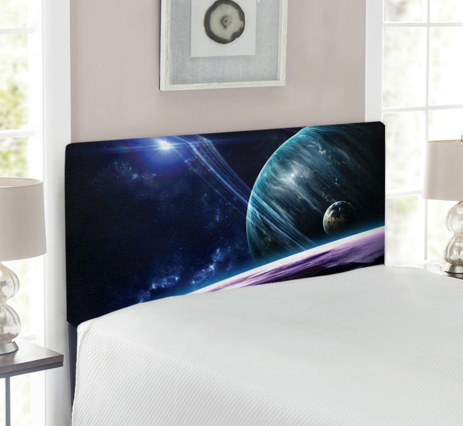 Ambesonne Space Headboard - Twin Size Blue Purple Upholstered Metal Bed Headboard with Memory Foam, Universe Planets Astronomy Print & Luminous Effects | Perfect for Kids Room, Teen Bedroom & Space-Themed Decor