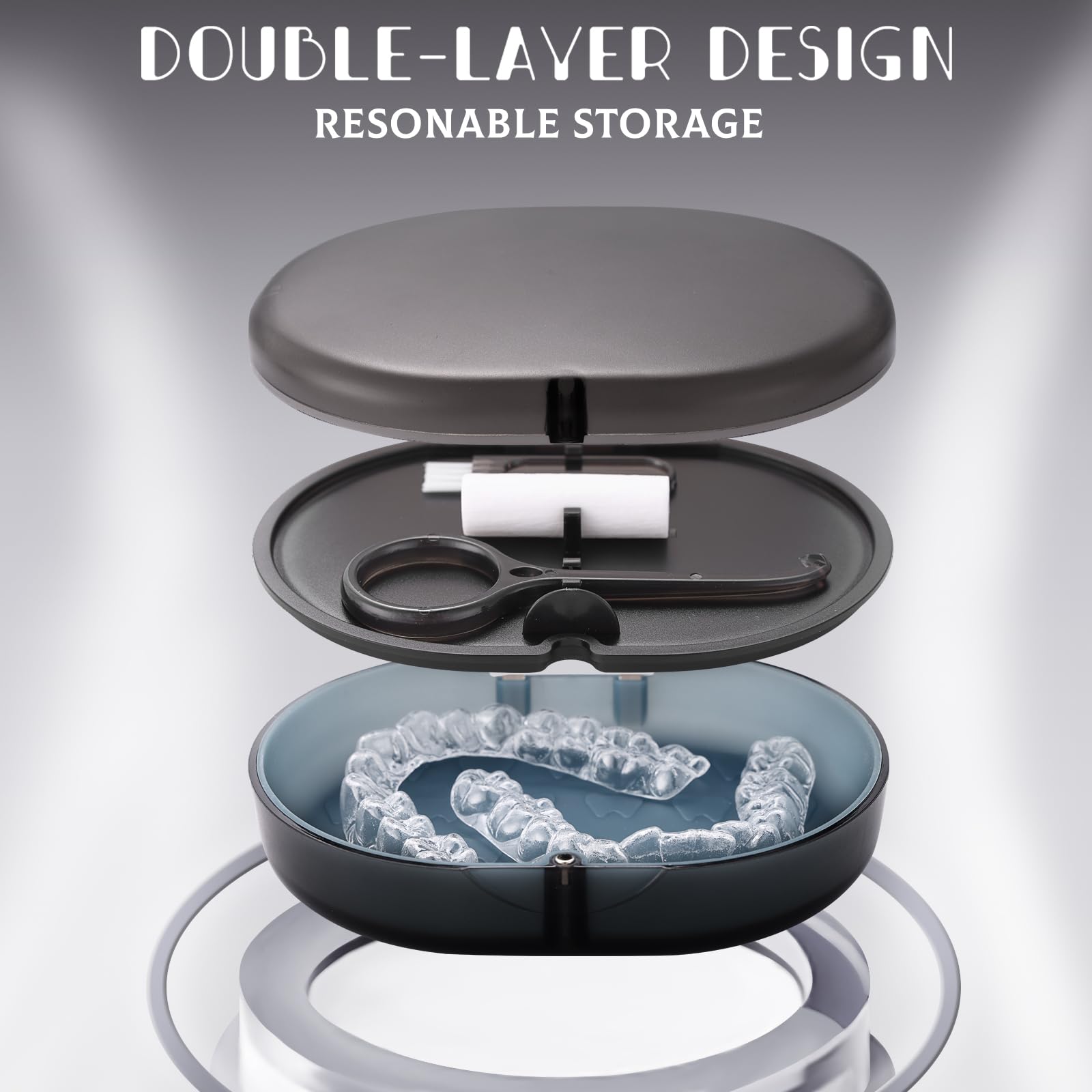 Double-Layer Orthodontic Retainer Case with Belt, Chewing Tool, Cleaning Brush & Mirror - Perfect for Retainers, Mouth Guards & Dentures - Travel-Friendly Dental Storage Solution for Home, Gym & Work