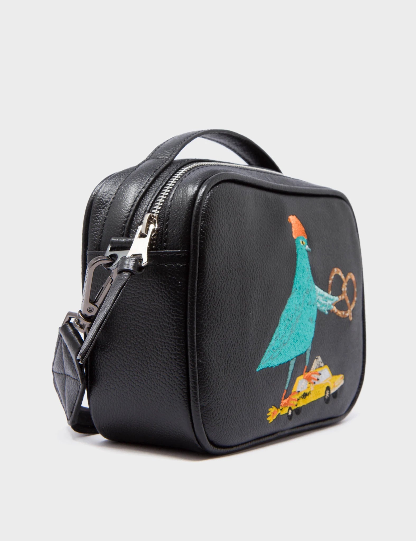 Verto Black Leather Crossbody Bag with Pigeonista Embroidery - Stylish Women's Shoulder Purse for Everyday Use, Travel & Date Night