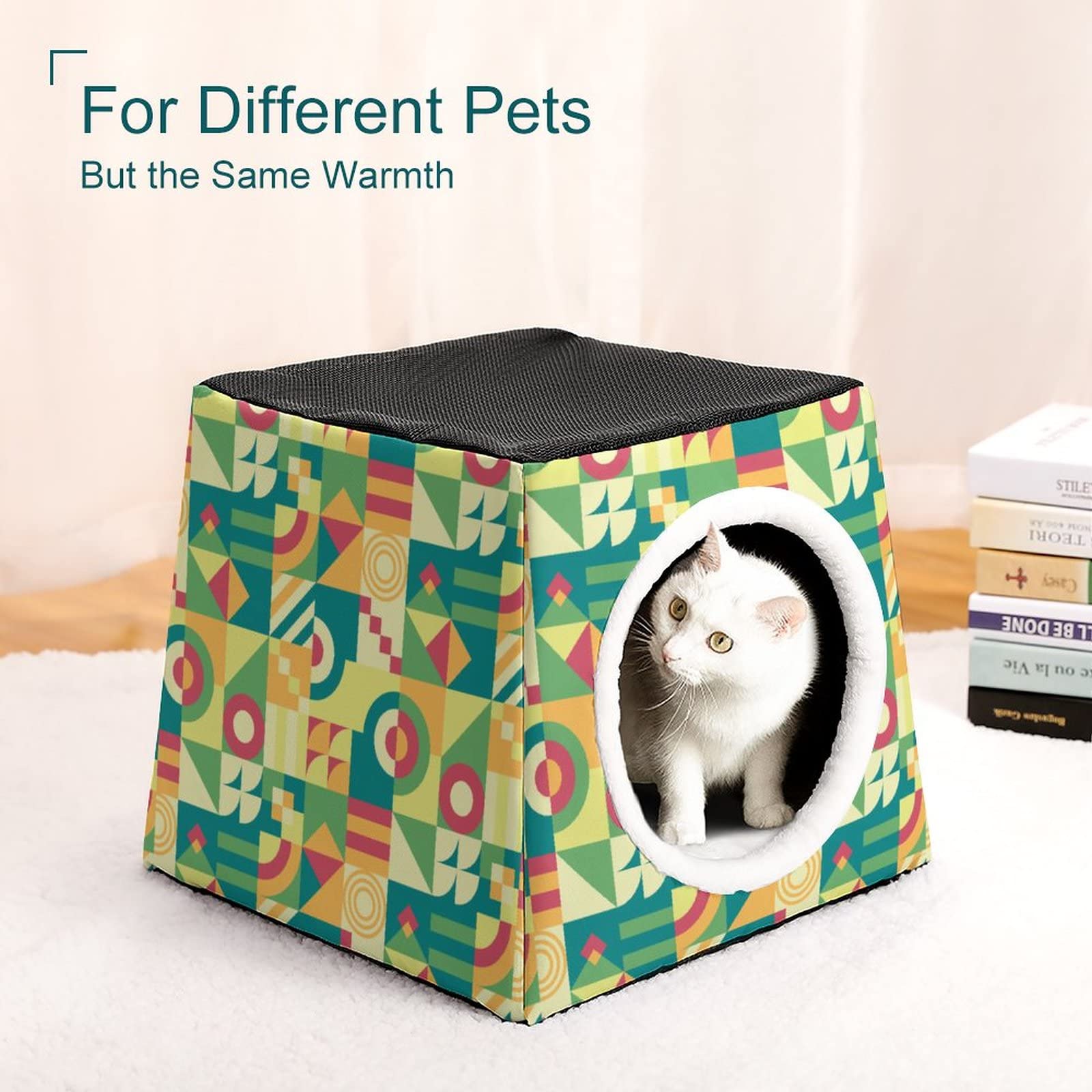 Printed Cat Houses & Condos - Foldable Cat Cube Bed with Removable Pillow, Green Abstract Puzzle Design - Cozy Pet Furniture for Indoor Cats, Perfect for Living Room, Bedroom or Office