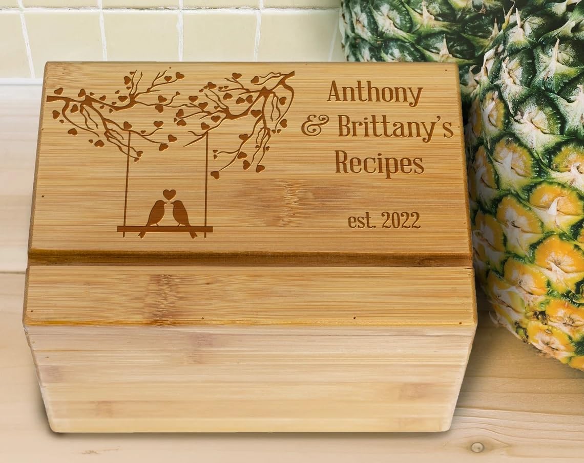 Personalized Wooden Recipe Box - Custom Engraved Family Recipe Organizer - Unique Wedding & Newlywed Gift - Perfect for Kitchen Storage & Recipe Collection