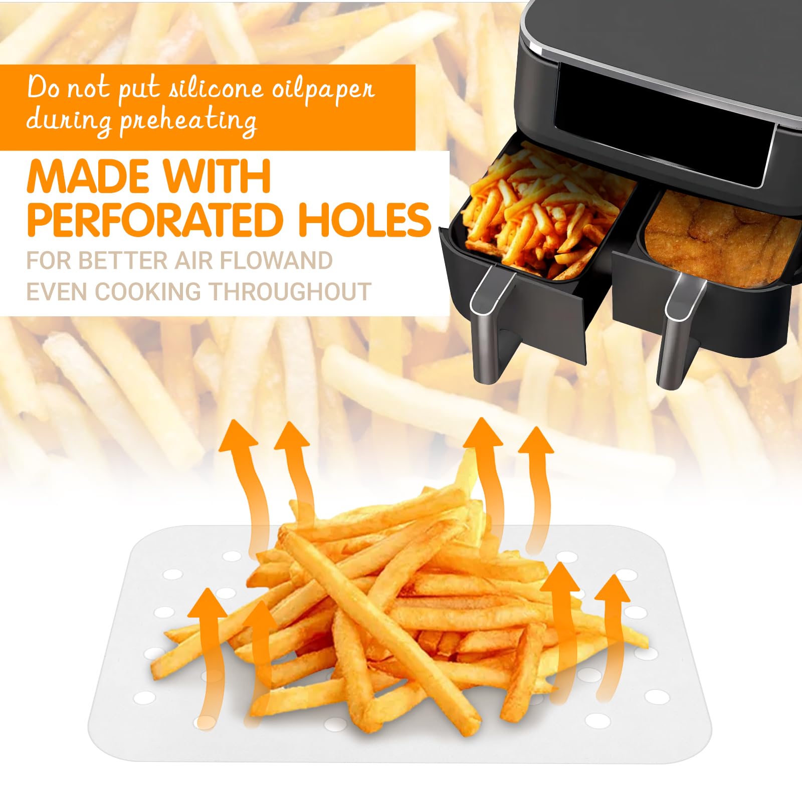 100Pcs Perforated Air Fryer Parchment Paper Sheets - 8.1x5.6 Inch Disposable Non-Stick Baking Liners for Air Fryers, Ovens, Grill Pans & Bamboo Steamer Baskets - Perfect for Healthy Cooking, Meal Prep & Quick Cleanup (White)