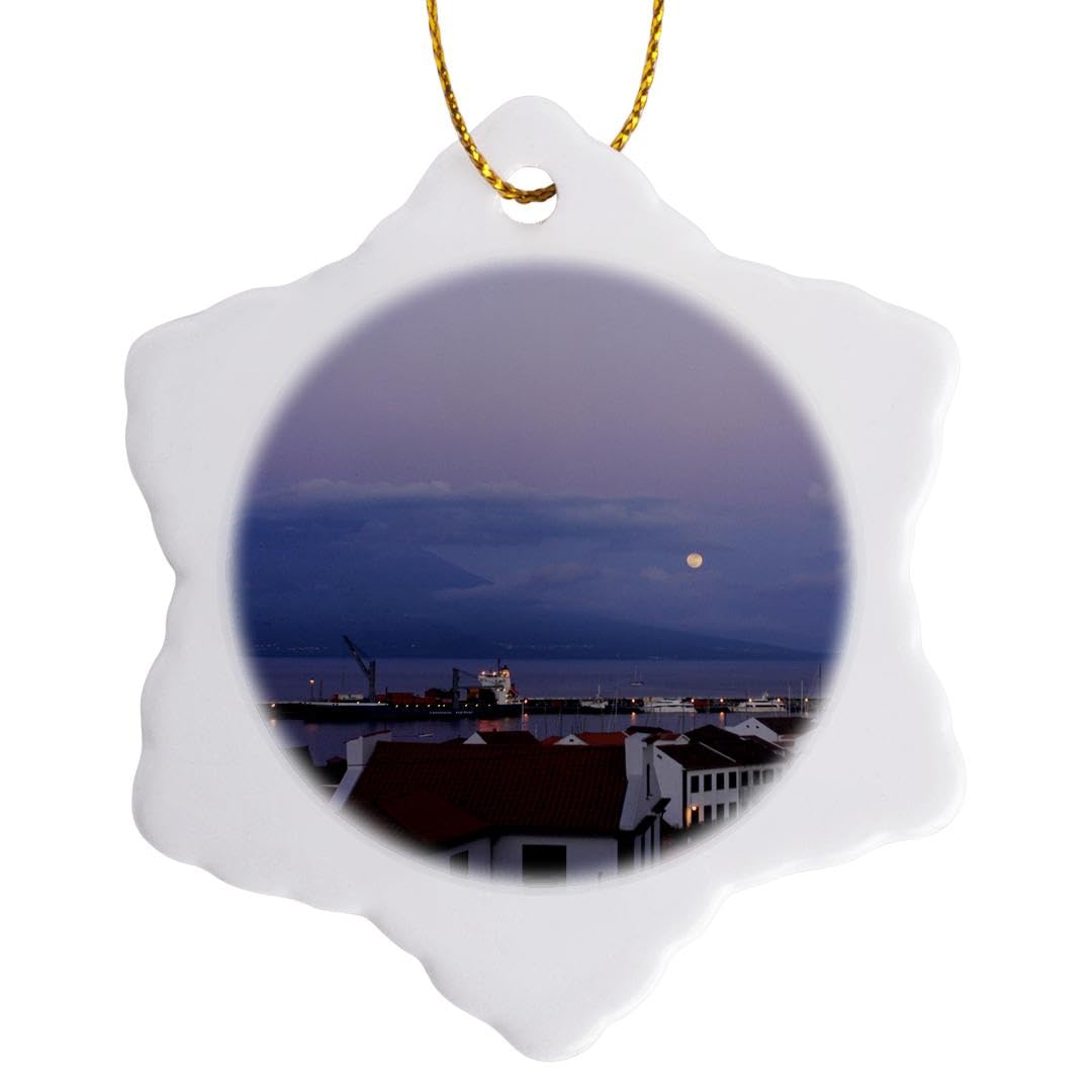 3D Rose Porcelain Snowflake Ornament - Sunset & Moonrise on Horta, Faial Island with Pico Volcano Background - 3-Inch Holiday Decoration for Christmas Tree, Gift Giving & Home Decor