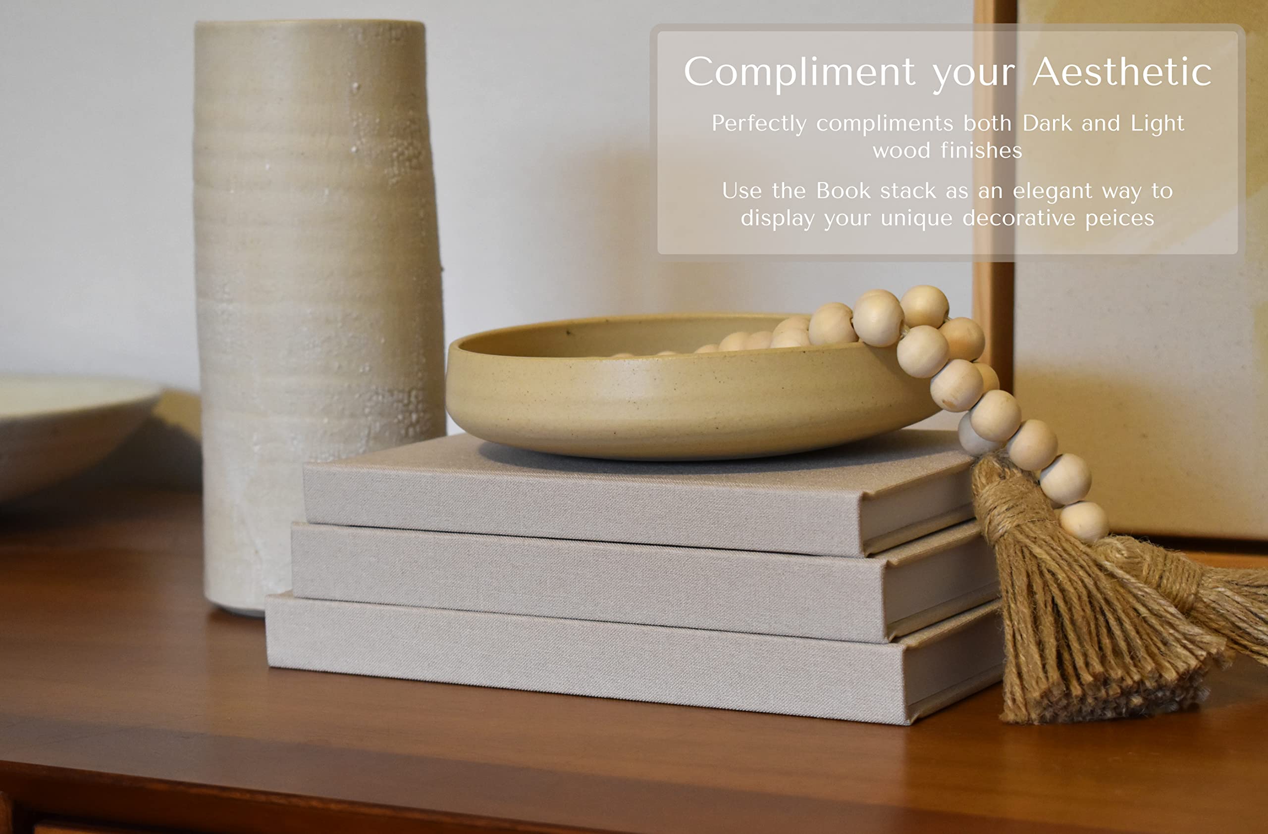 Decorative Fabric Books Set of 3 - Neutral Latte Beige Linen Books with Wooden Bead Garland for Boho Home Decor | Bookshelf Styling, Fireplace Mantel Decor, Coffee Table Centerpiece, Tiered Tray Display | Perfect for Living Room, Bedroom & Office Decor
