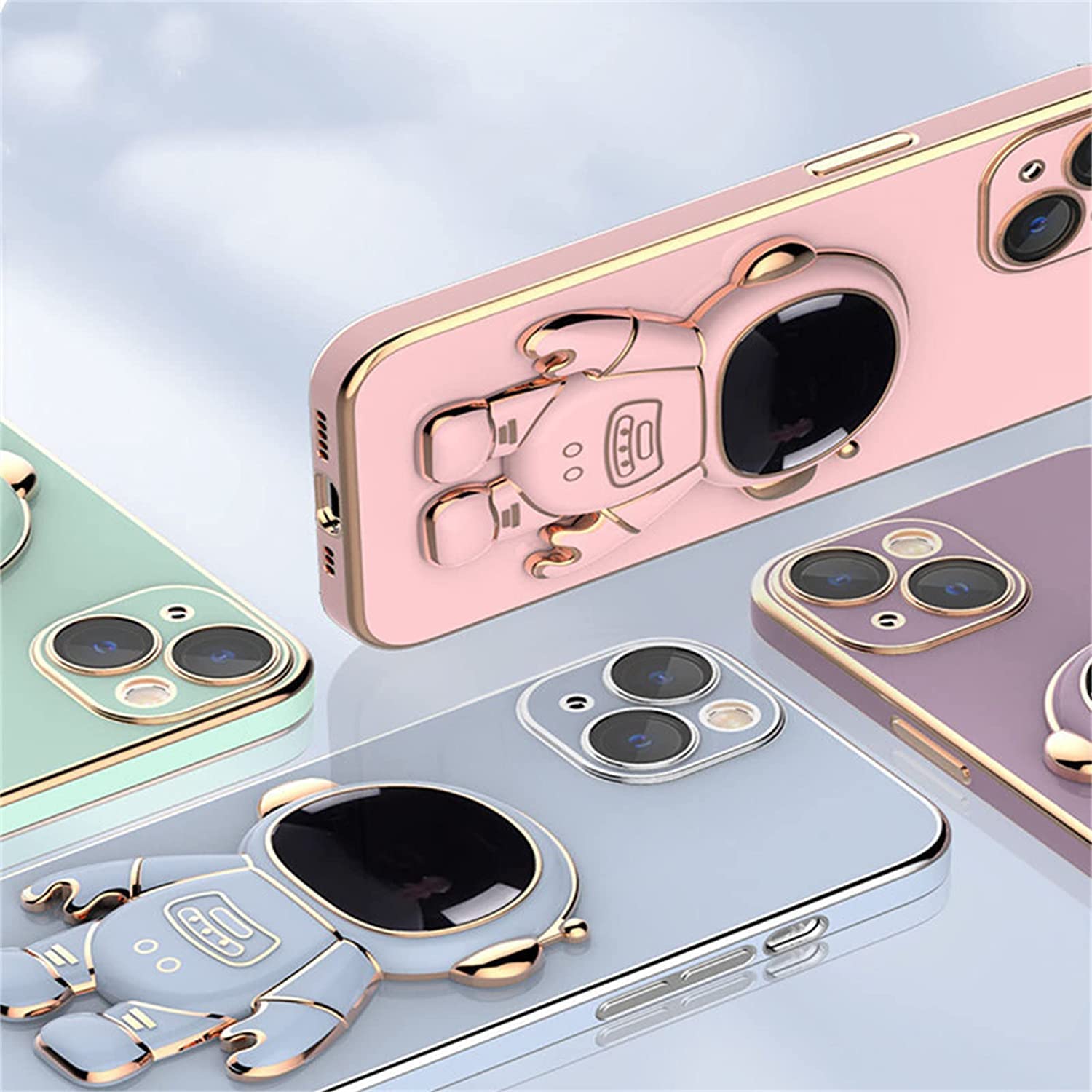 2022 New 6D Electroplated Astronaut Phone Case with Stand for iPhone 13 Pro Max - Hidden Stand Protective Cover with Lens Film - Pink Space-Themed Phone Case for Everyday Use & Travel