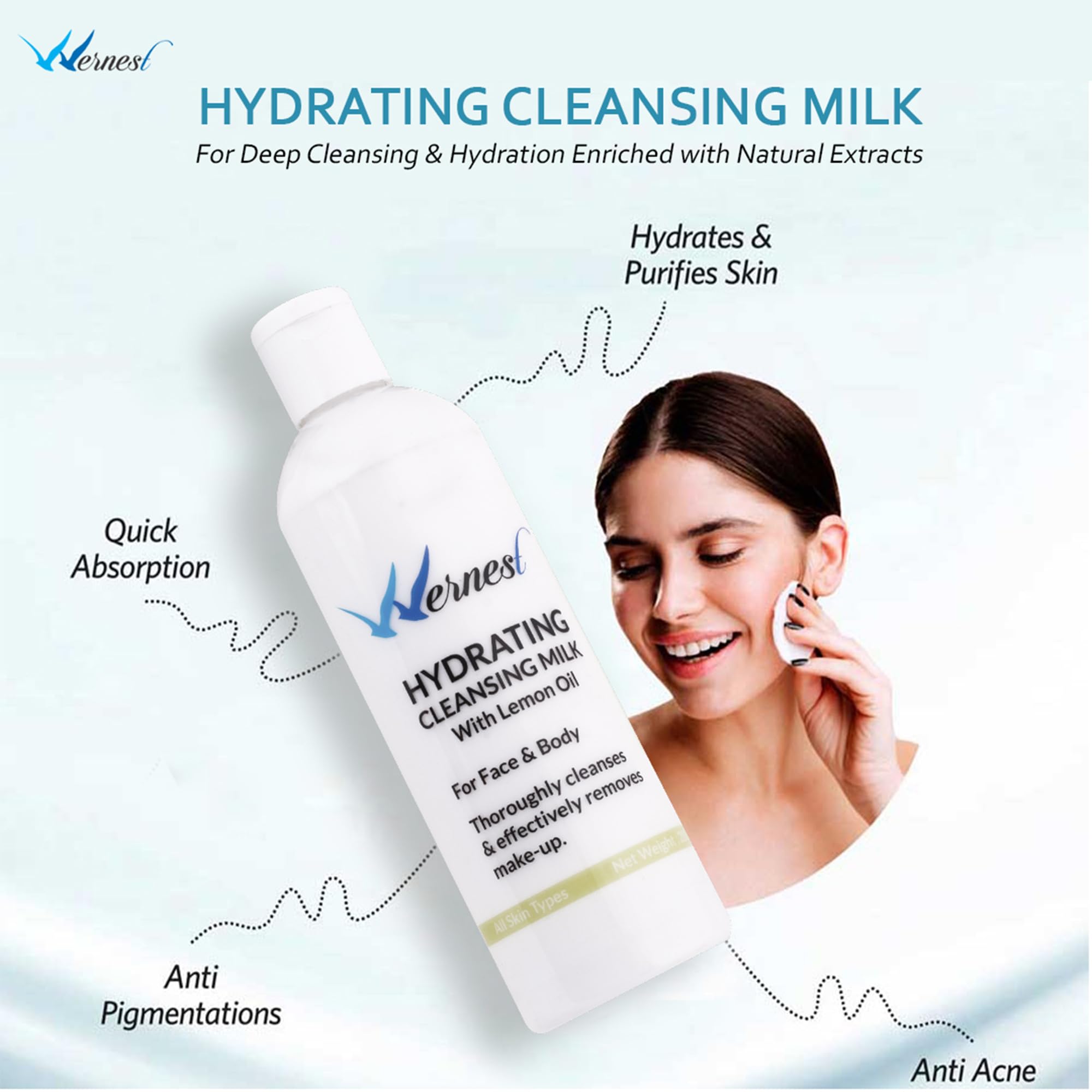 Wernest Hydrating Cleansing Milk with Lemon Oil - Natural Antiseptic Face Wash for Healthy, Fresh & Youthful Skin - 200ml Gentle Daily Cleanser for Dry, Sensitive & Acne-Prone Skin - Perfect for Morning & Night Skincare Routine