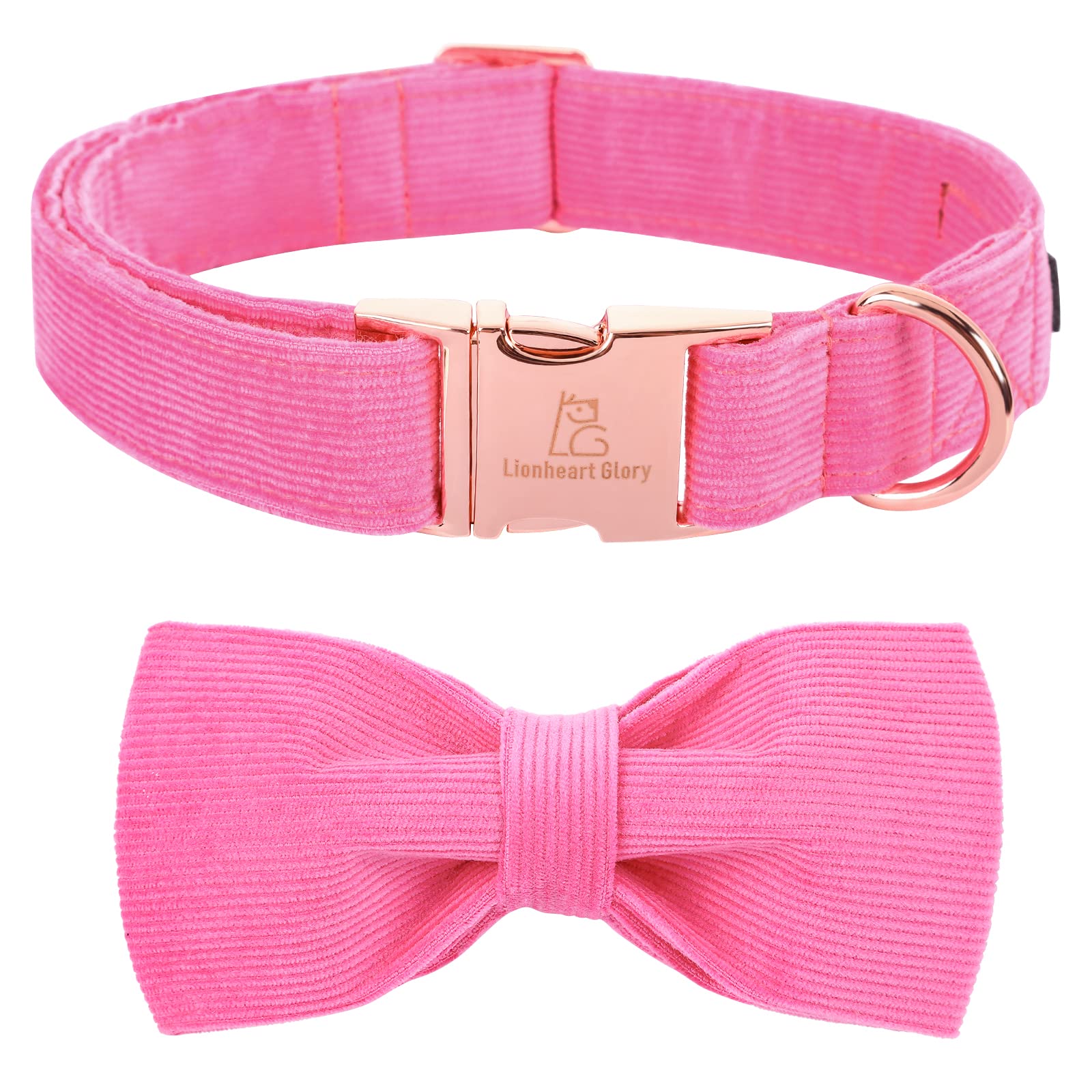 Lionheart Glory Pink Corduroy Dog Collar with Bow - Soft Adjustable Pet Collar for Small Medium Large Dogs - Perfect for Daily Walks, Pet Photos & Special Occasions