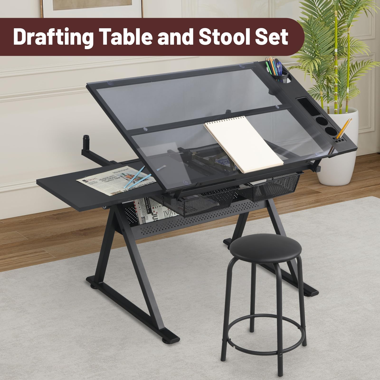 Adjustable Drafting Table with Stool Set - Tempered Black Glass Art Desk for Drawing, Painting & Sketching - Ergonomic Height & Angle Adjustments for Artists, Designers & Home Office Use