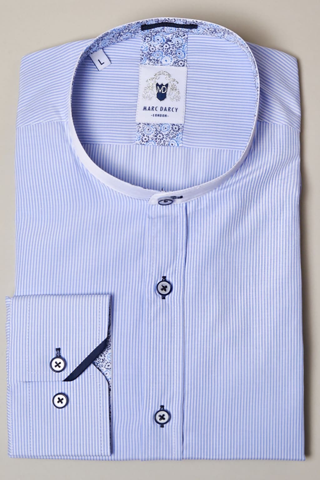 Marc Darcy Cooper Grandad Collar Sky Blue Stripe Shirt for Men - Casual Button Down Shirt with Vintage Style - Perfect for Office, Date Night & Summer Outfits