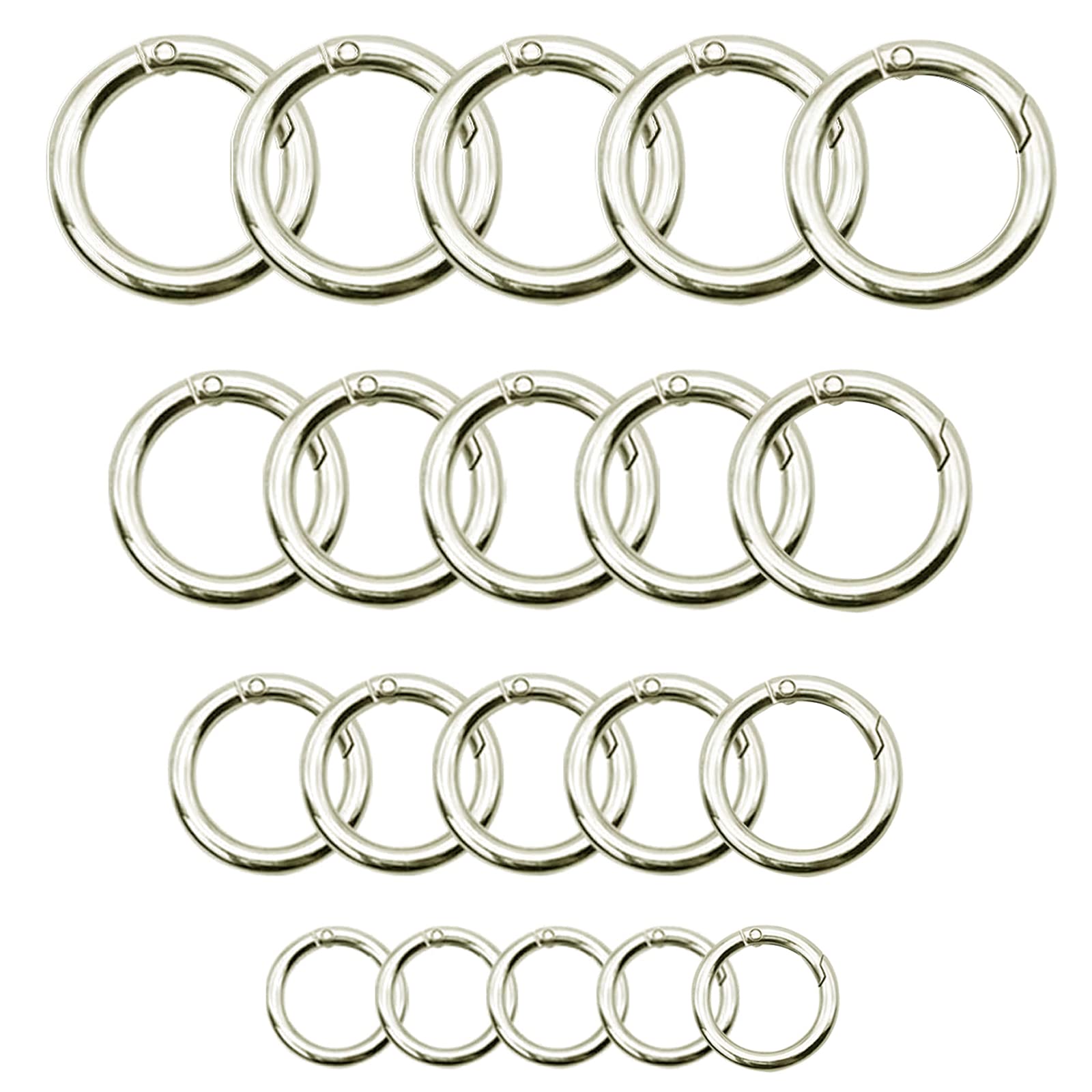 40 Pcs Zinc Alloy Spring O Rings - 4 Sizes (0.8, 0.98, 1.1, 1.3 Inch) Silver Carabiner Snap Hooks for Keychains, Handbags, Dog Leashes & DIY Crafts - Durable Multi-Purpose Trigger Rings for Outdoor Gear & Home Organization