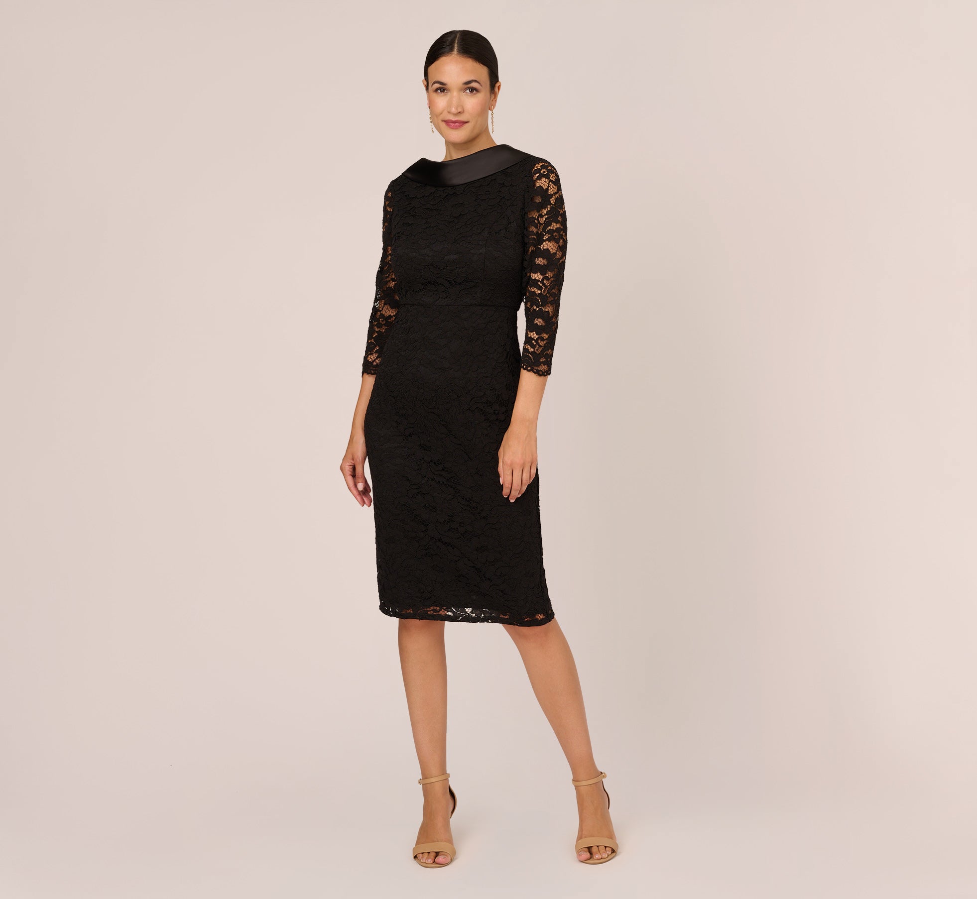 Elegant Black Roll Neck Lace Dress with Sheer Elbow Sleeves - Perfect for Evening Parties, Date Nights & Special Occasions