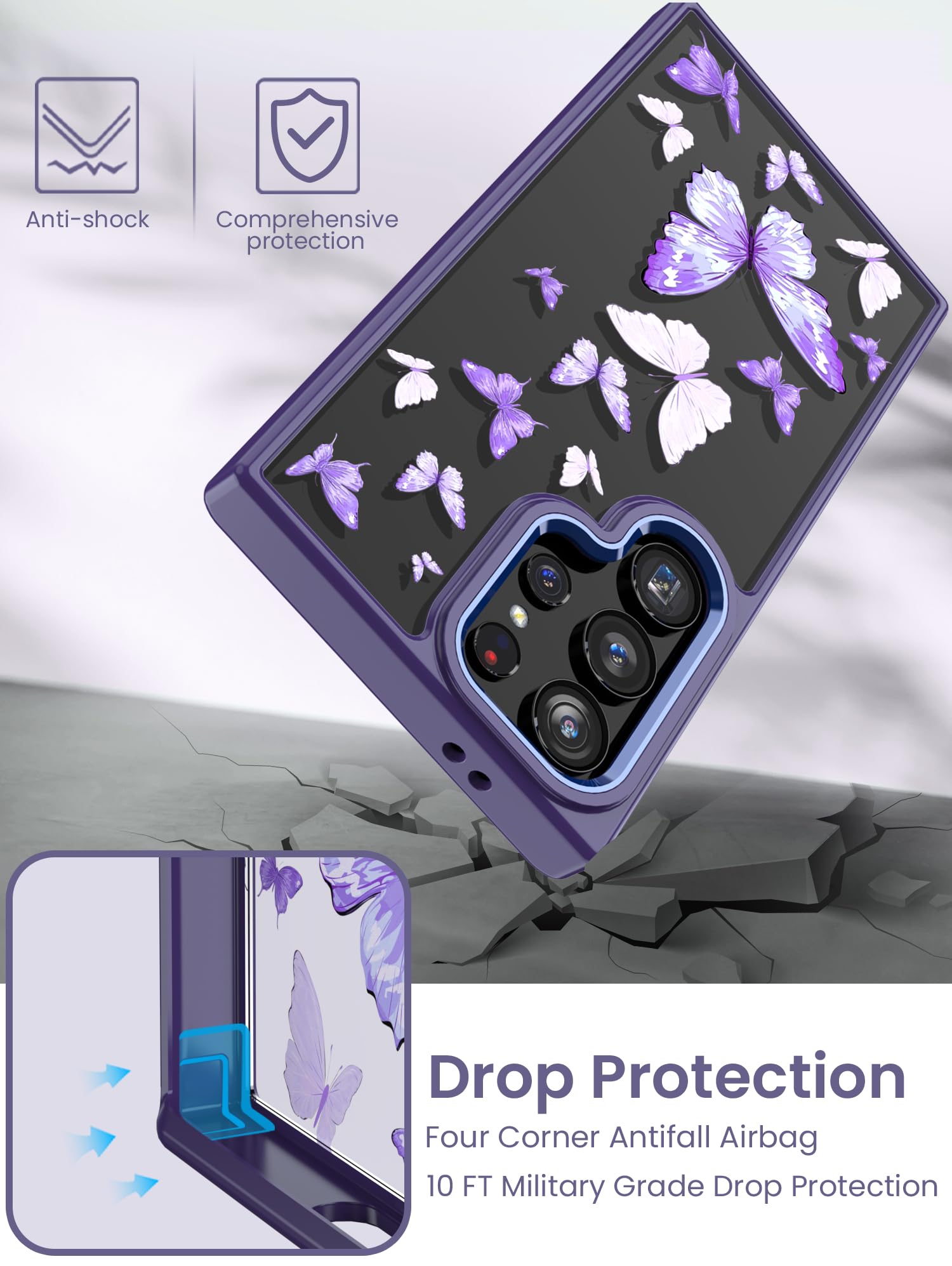 Samsung Galaxy S24 Ultra 5G Case with Tempered Glass Screen Protector - Military Grade Protective Slim TPU & Hard PC Cover - Crystal Clear Purple Butterfly Flower Design for Women - Perfect for Everyday Use, Work & Travel Protection