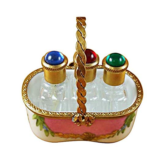 Elegant Pink Basket with 3 Bottles - French Limoges Porcelain Collectible Gift Boxes - Handcrafted Figurines for Home Decor, Wedding Favors & Luxury Gifting