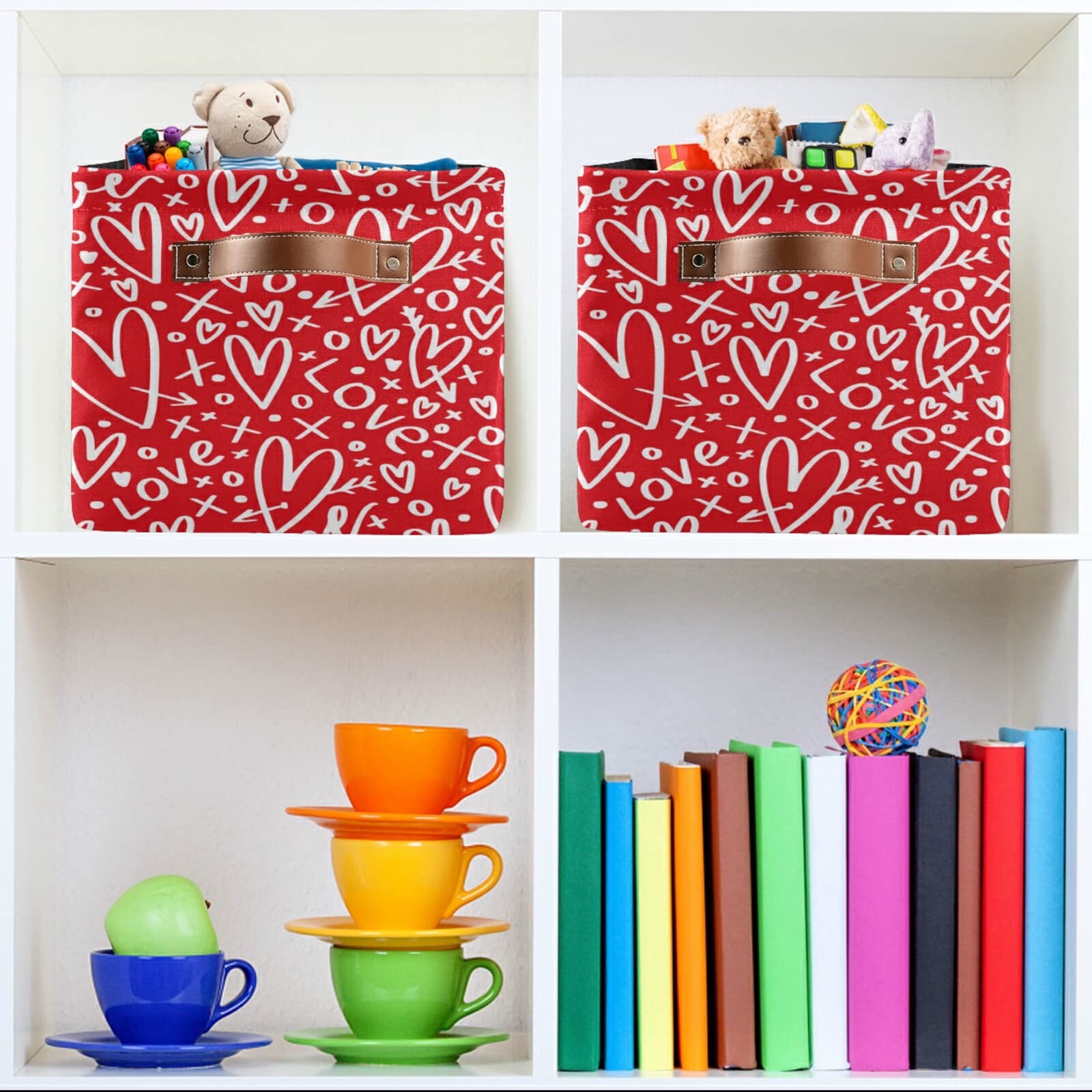Red Hearts and Arrows Collapsible Canvas Storage Basket - Large Cube Organizer Bin for Home, Office, Closet (15