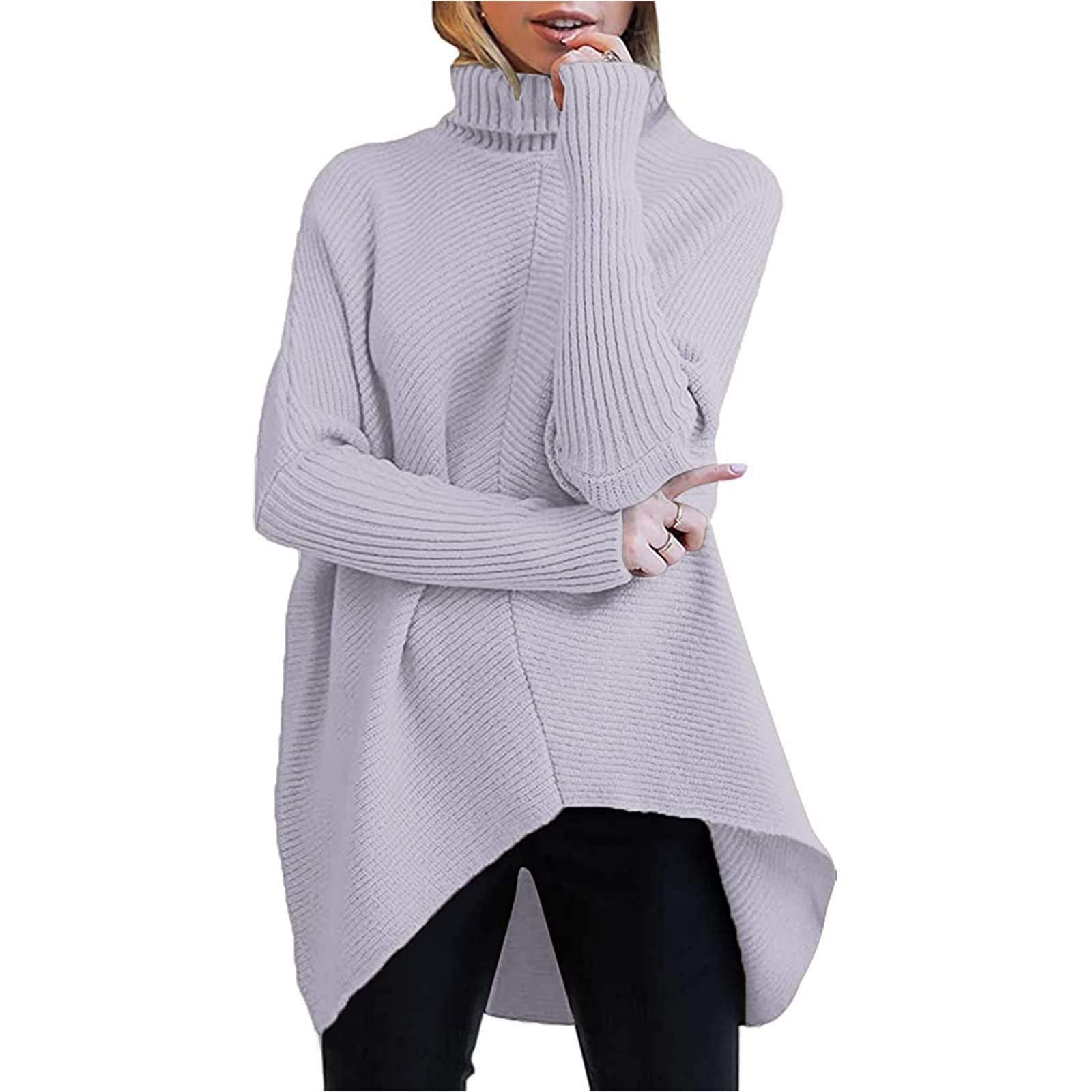 FMCHICO Women's Turtleneck Long Sleeve Batwing Pullover Sweater - Asymmetric Hem Knit Top for Casual Wear | Office, Date Night & Fall Outfits