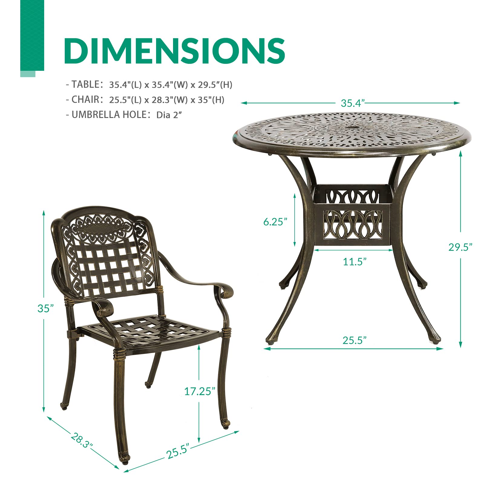 VIVIJASON 3-Piece Outdoor Patio Bistro Set - All-Weather Cast Aluminum Dining Table & 2 Chairs with 35.4
