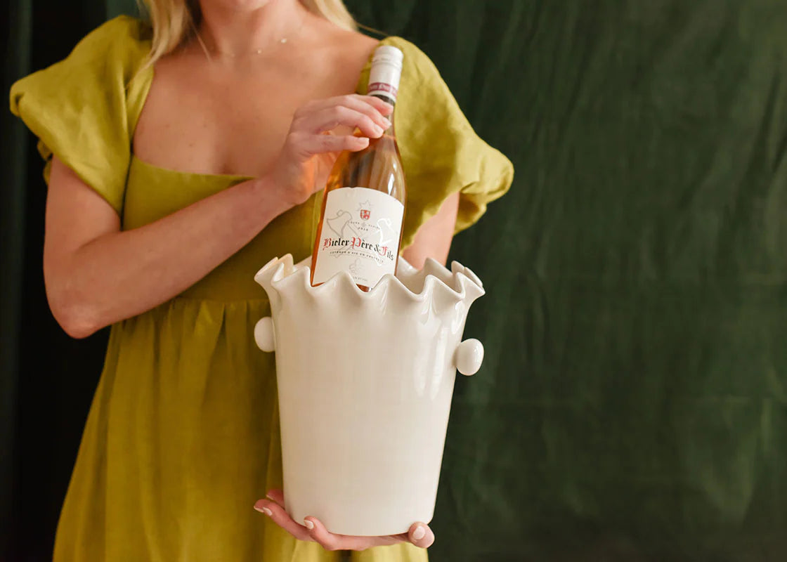 Signature White Ruffle Ice Bucket - Elegant Champagne & Wine Chiller for Weddings, Parties & Home Decor