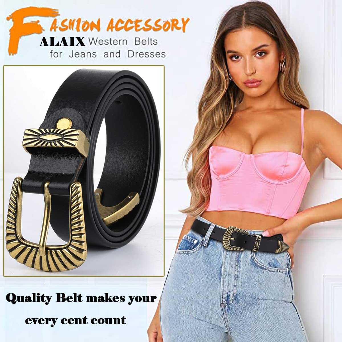 ALAIX Women's Leather Belts with Silver & Gold Buckle - Stylish Black Western Belts for Jeans & Pants | Perfect for Casual Outfits, Office Wear & Western Fashion