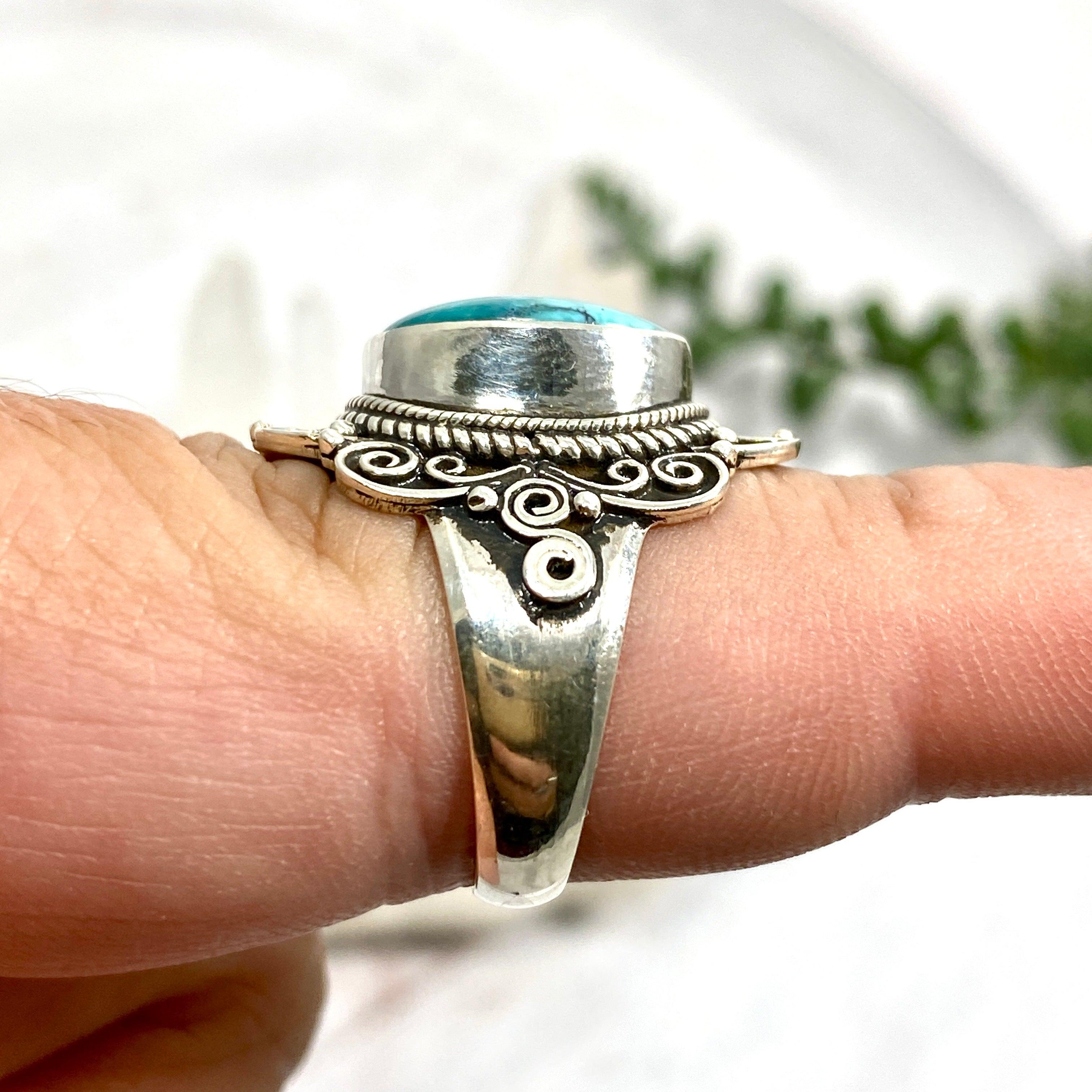 Boho Style Turquoise Oval Ring Size 8 - Handmade Sterling Silver Jewelry for Women, Perfect for Festivals, Weddings & Everyday Boho Fashion
