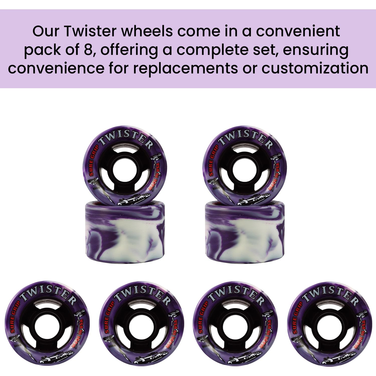 Sure-Grip Twister Roller Skates Wheels - 95A Hardness, 62mm x 42mm Urethane Material, Stylish & Smooth Sliding Wheels, Pack of 8 - Perfect for Indoor and Outdoor Skating