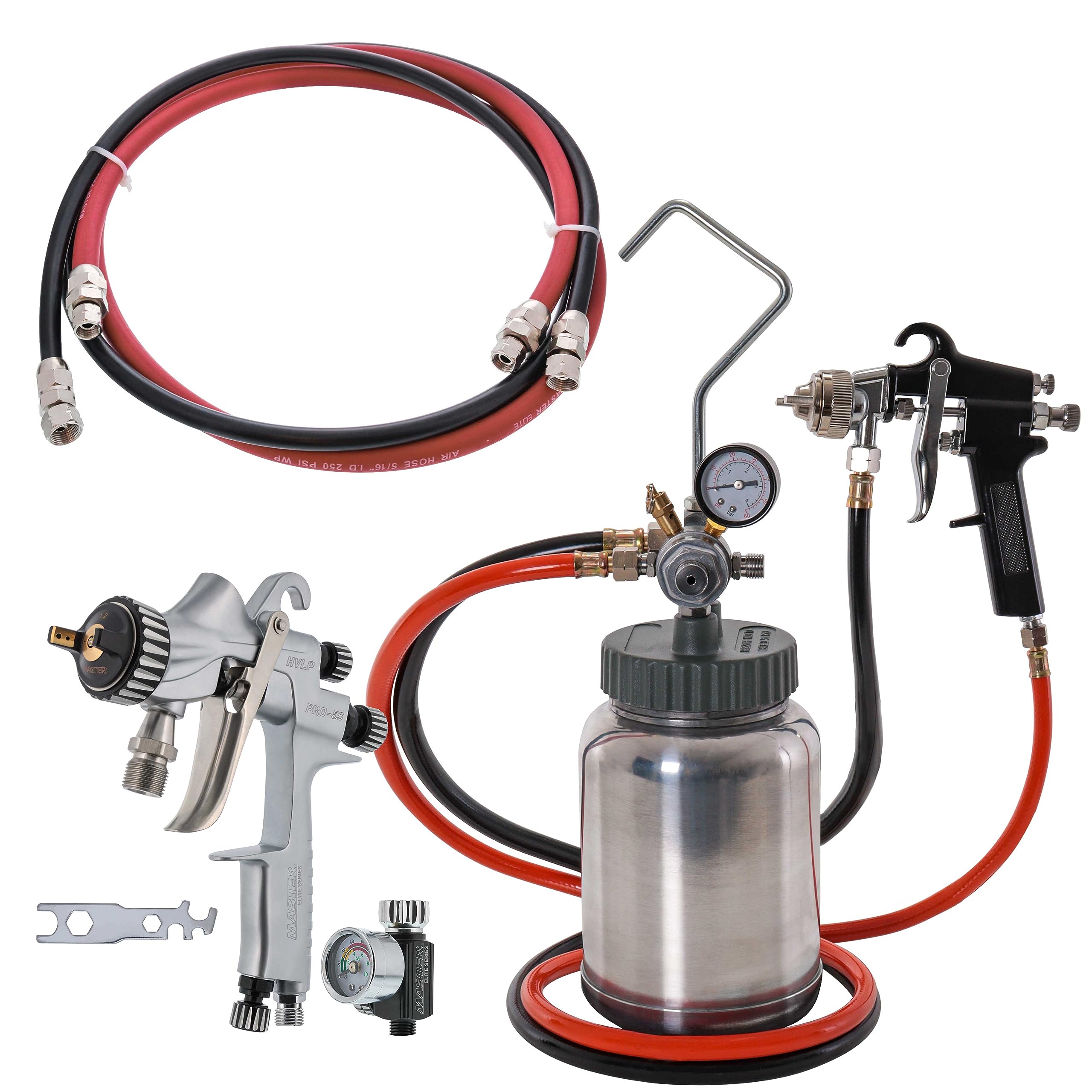 TCP Global 2 Quart Spray Paint Pressure Pot Tank with Master Elite 55 Series HVLP Spray Gun - 1.2mm Tip & 6' Air/Fluid Hose - Professional Automotive, Woodworking & DIY Painting Tool for Home Projects & Industrial Use