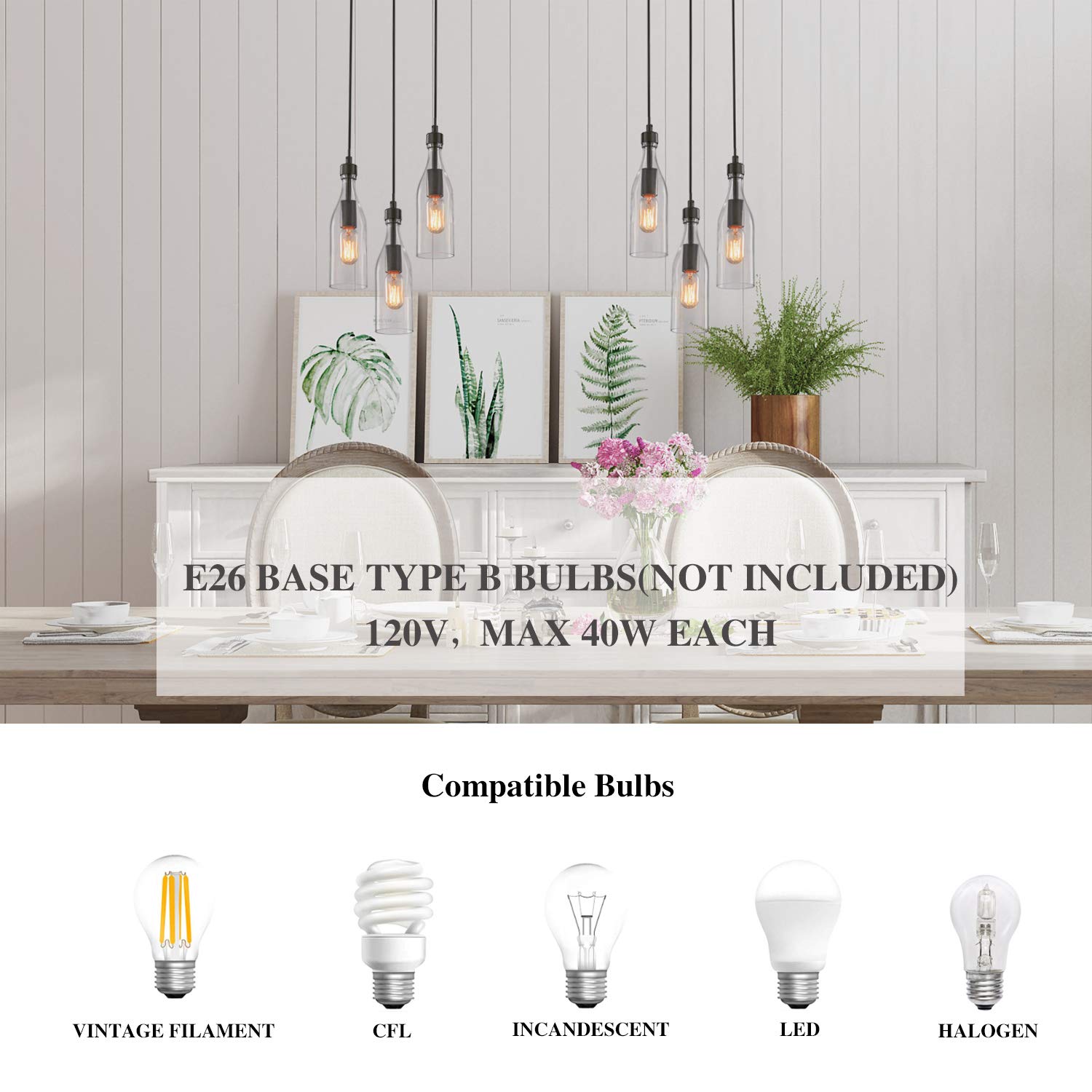 LNC Wooden Pendant Lights - Adjustable 3-Height Clear Glass Bottle Chandelier for Kitchen Island, Dining Room, Bar & Farmhouse Decor