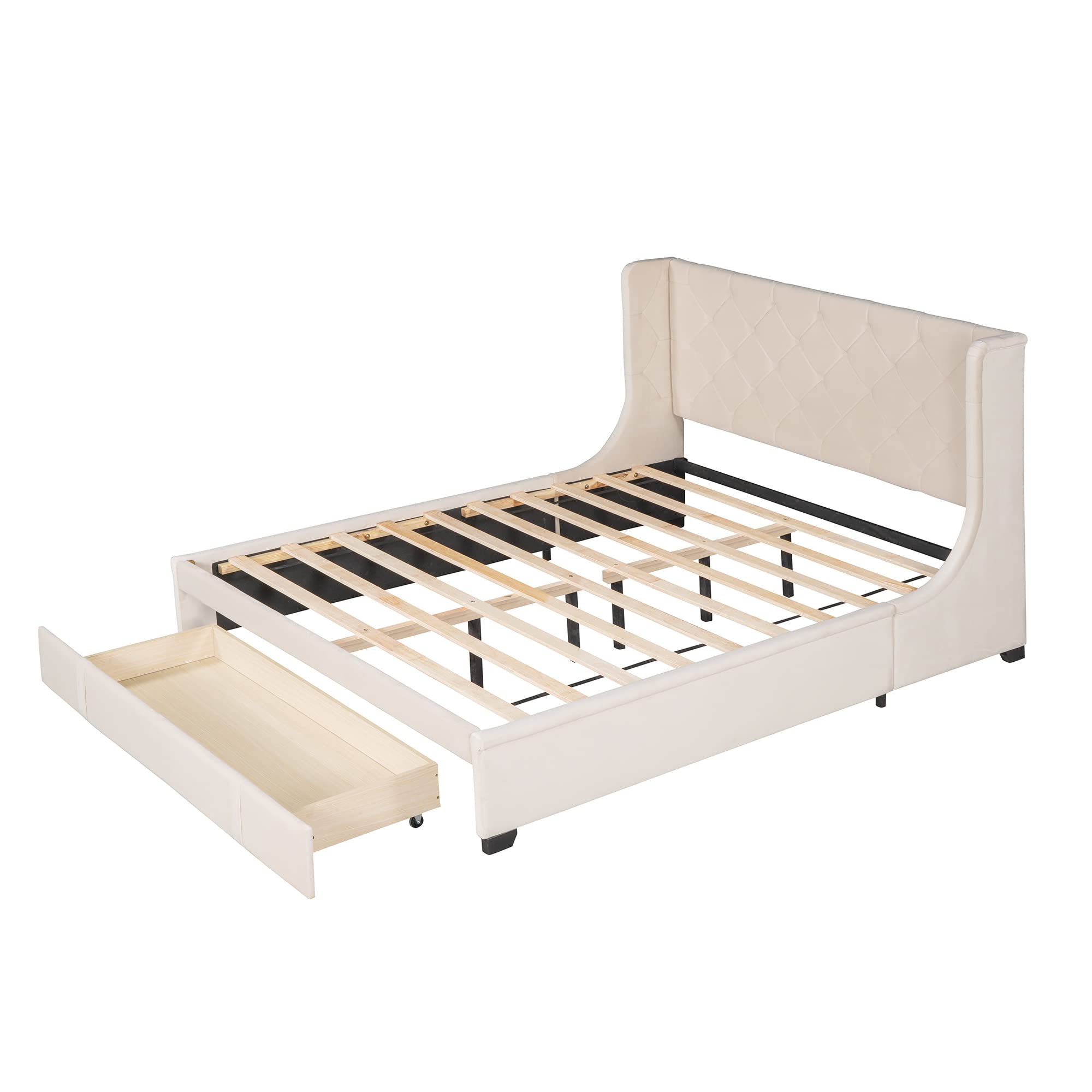 TRIPLE TREE Queen Size Storage Bed with Drawers - Upholstered Platform Bed Frame with Wingback Headboard & Wooden Slat Support | Sturdy Bedroom Furniture for Teens & Adults | Perfect for Small Spaces & Guest Rooms (Beige)