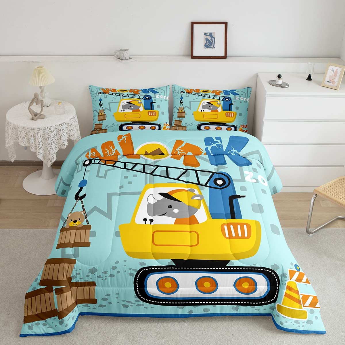 Construction Vehicles Kids Comforter Set - Boys & Teens Bedding with Cartoon Trucks, Excavator & Tractor Design - Breathable Twin Size Duvet Set for Bedroom Decor - Perfect for Construction-Themed Kids Rooms & Birthday Gifts