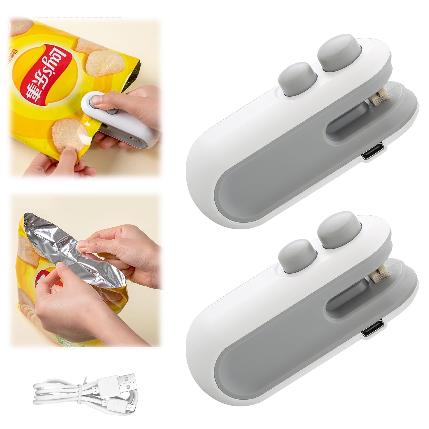 2 in 1 USB Rechargeable Mini Chip Bag Sealer - Upgraded Portable Vacuum Food Sealer for Snacks, Chips & Leftovers (2 Pack) | Perfect for Kitchen, Travel & Camping Food Storage