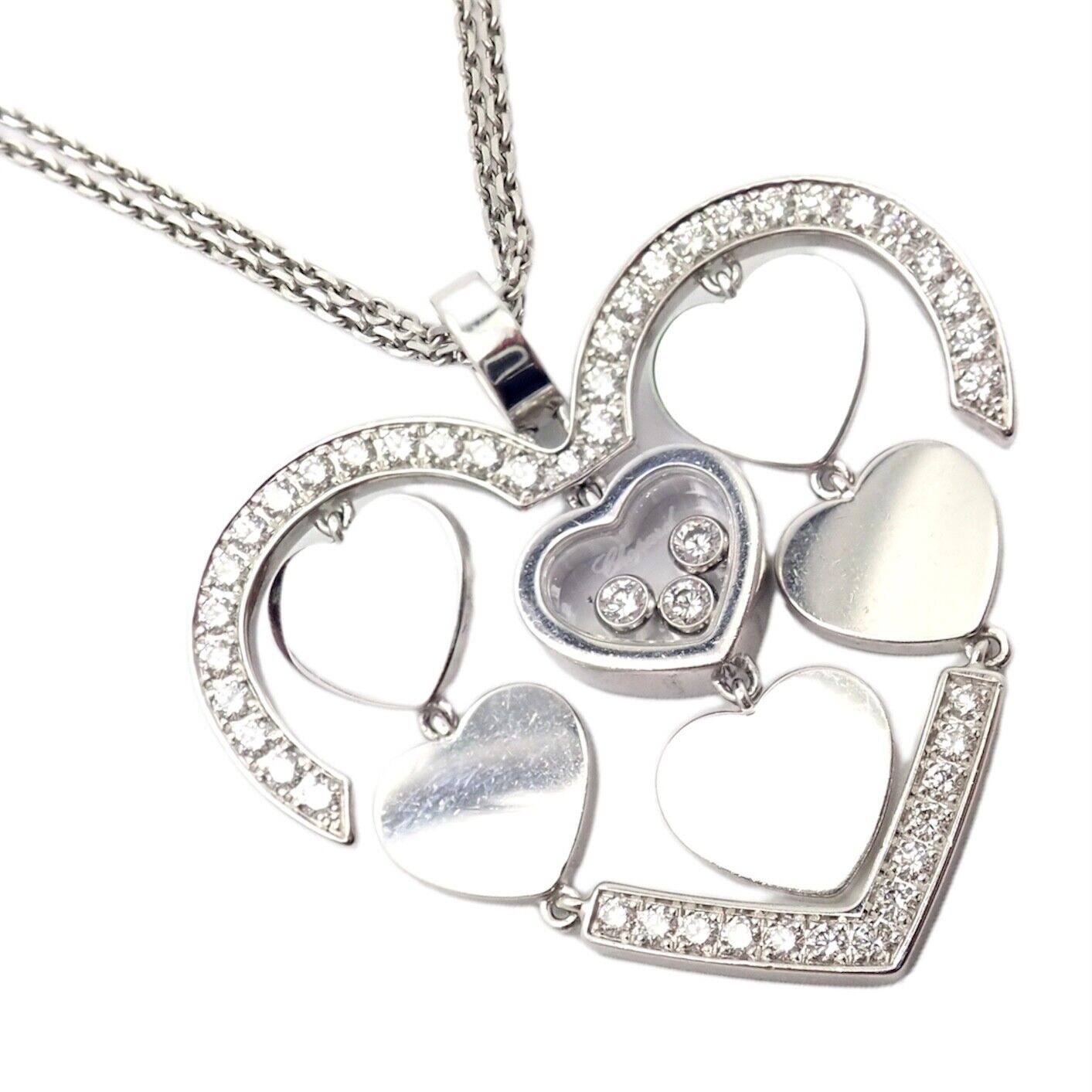 Authentic Chopard 18k White Gold Large Double Happy Hearts Diamond Necklace for Women - Luxury Valentine's Gift, Anniversary Jewelry & Special Occasion Present