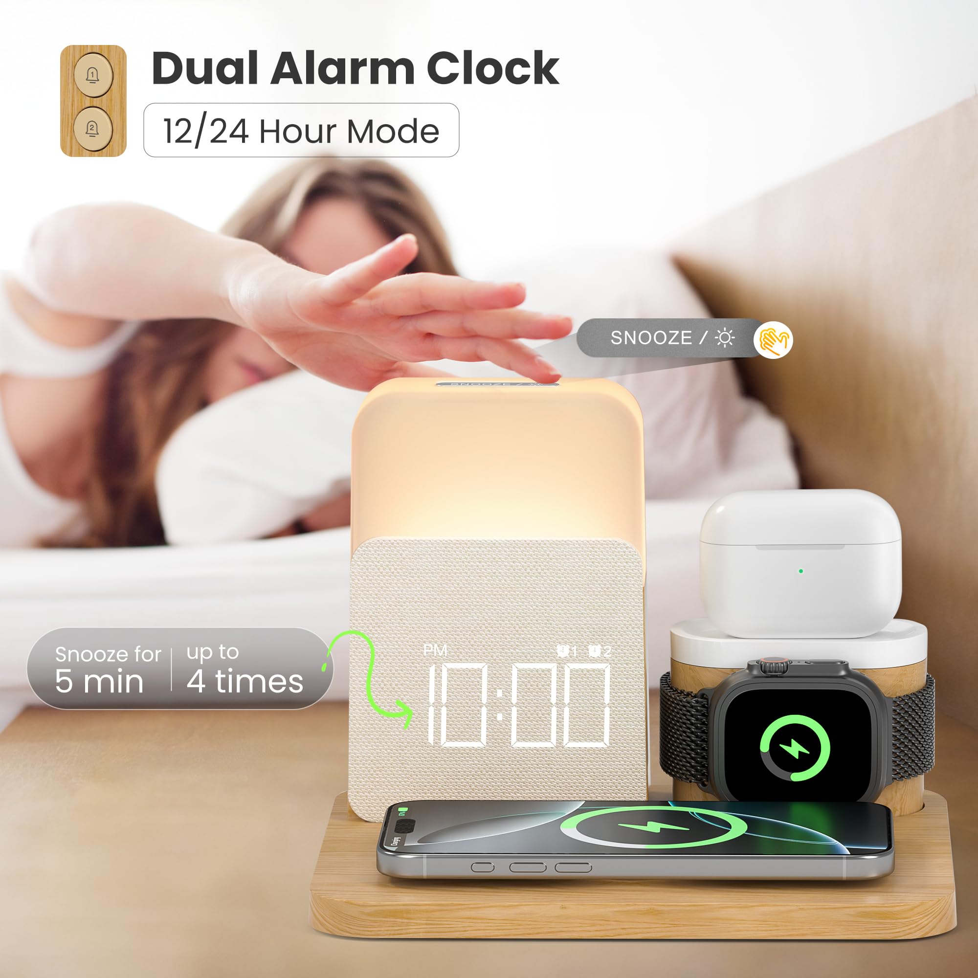 7-in-1 Wireless Charging Station with Alarm Clock & Night Light - MagSafe Charger for iPhone 16/15/14/13/12 Pro Max, Apple Watch & AirPods - Perfect Bedside Organizer for Bedrooms, Office & Travel