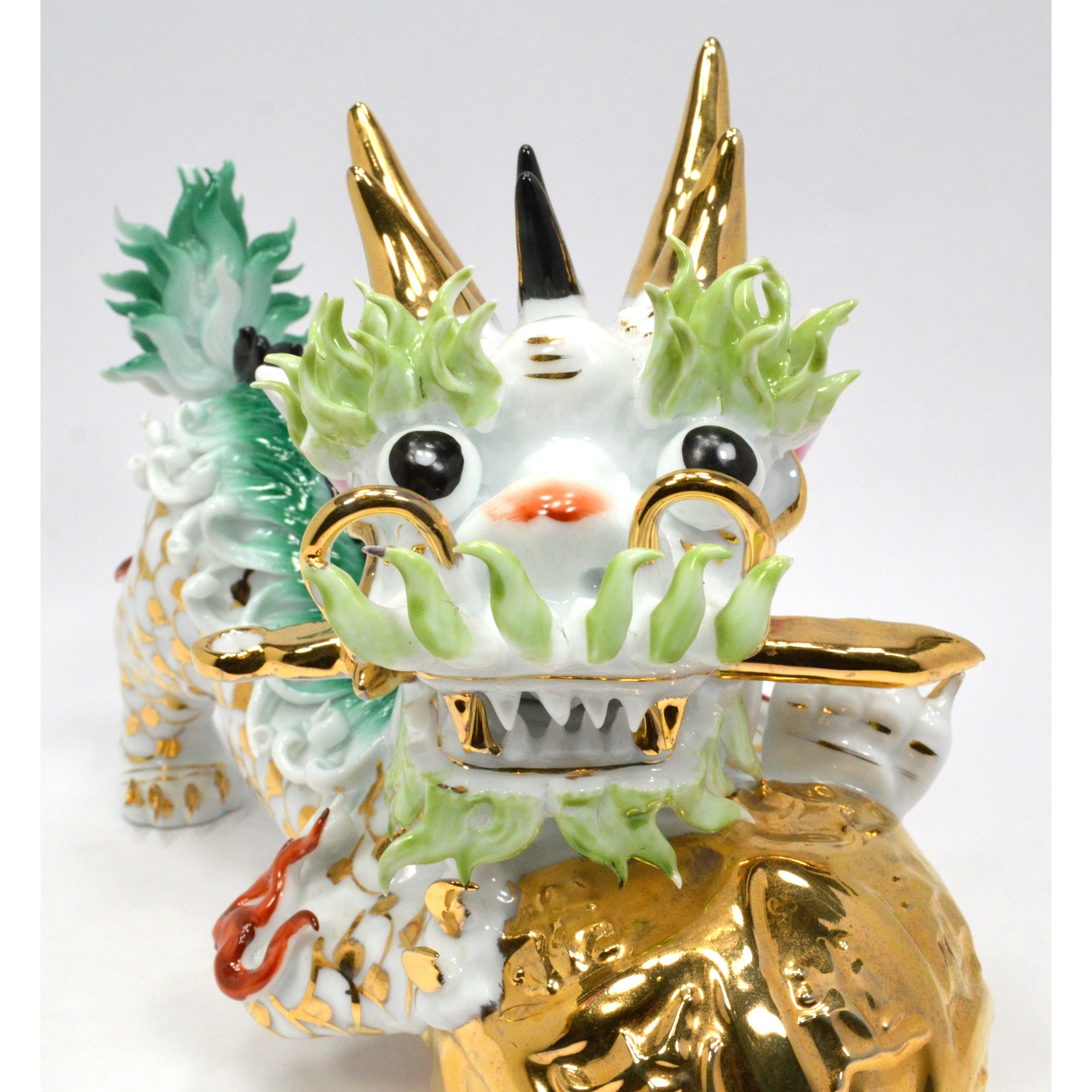 Imperial Chinese Fu Dog Foo Lion Porcelain Statue - Male Guardian Temple Figurine (Set of 2) for Home Decor, Feng Shui Protection & Asian Art Collection