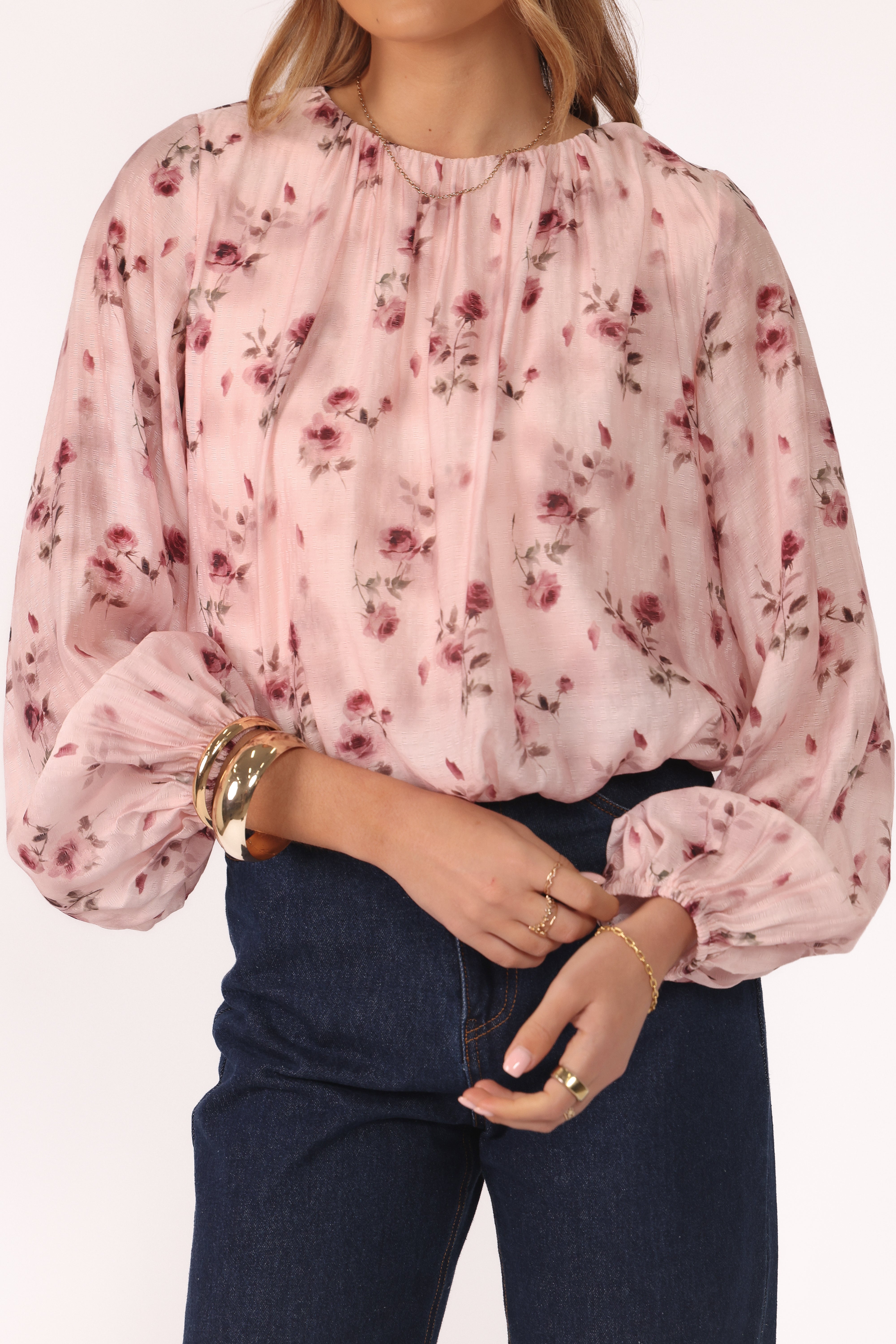 Dallas Long Sleeve Women's Blouse - Soft Pink Rose Floral Print Tops for Casual Wear, Office & Date Night Outfits
