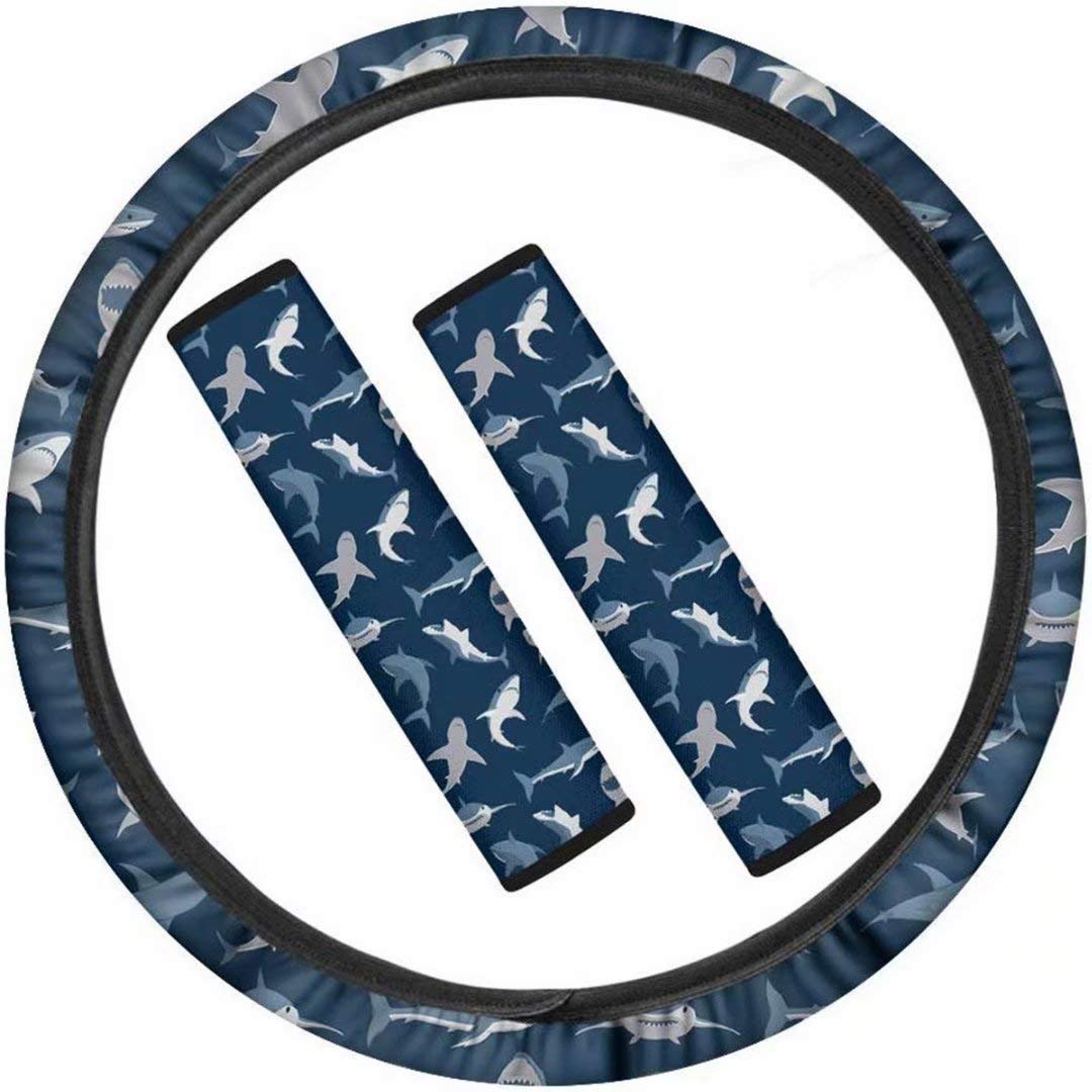 Shark Pattern Car Accessories Set - 3PCS (Steering Wheel Cover + 2 Seat Belt Covers) | LEDBack Premium Car Interior Decor | Perfect for Family Cars, SUVs & Road Trips