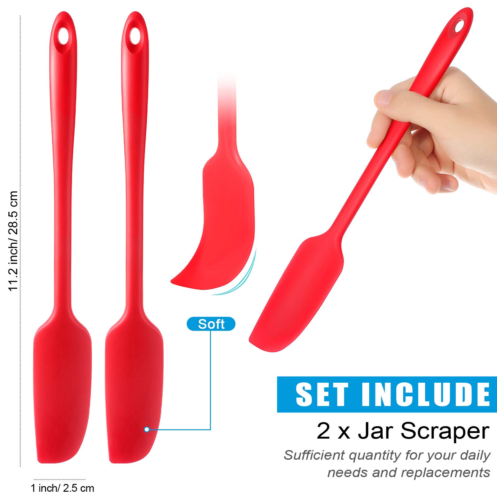 2-Pack Long Handle Silicone Jar Spatula - Non-Stick Heat Resistant Rubber Scraper for Cooking, Baking, Mixing - Perfect for Jars, Smoothies, Blenders & Kitchen Utensils (Red) - Ideal for Meal Prep, Dessert Making & Home Baking