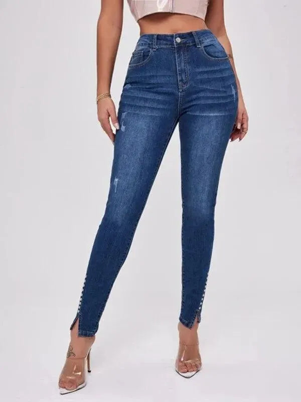 Stylish Women's Beaded High-Waisted Flared Jeans with Side Slits | Trendy Distressed Denim Pants for Casual Outings & Night Out | Perfect for Parties, Dates and Fashionable Streetwear Looks