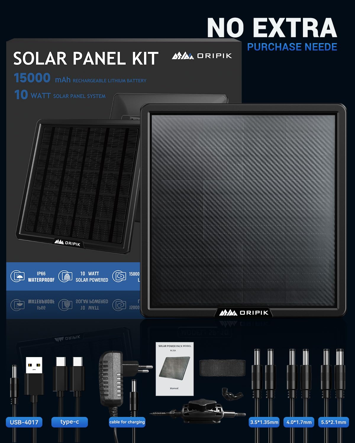 6V/9V/12V Solar Panel Charger Kit for Trail Cameras - 15000mAh Rechargeable Lithium Battery with USB-A/USB-C Ports, IP66 Waterproof - Perfect for Wildlife Monitoring, Hunting & Outdoor Security