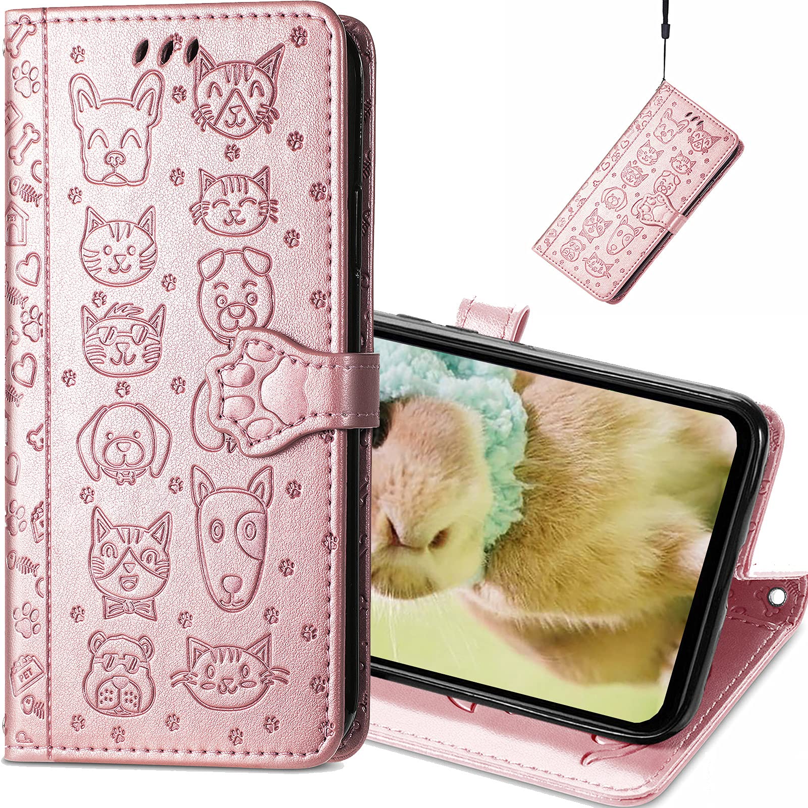 Cute Cartoon Wallet Case for Motorola Moto G60 - Cat & Dog Style Flip Phone Cover with ID Card Holder, PU Leather Protective Case (Rose Gold) - Perfect for Daily Use, Travel, and Work