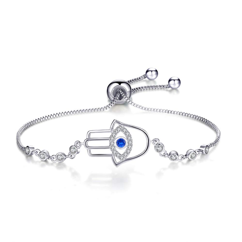 ASMITA Lucky Blue Evil Eye Bracelet for Women & Girls - Sparkling Cubic Zirconia Silver Adjustable Chain Bracelet - Protection Jewelry for Good Luck & Positive Energy - Perfect for Gifts, Daily Wear & Spiritual Protection