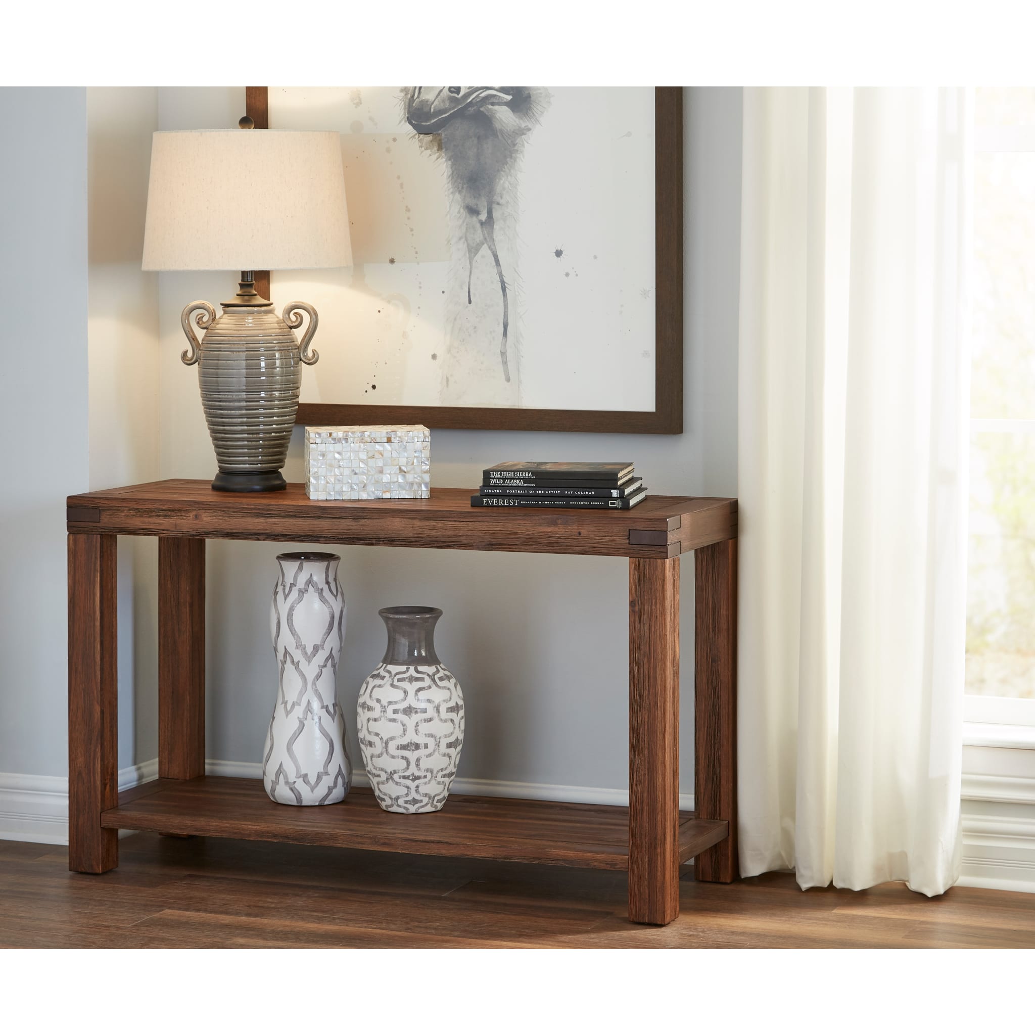 Solid Wood Console Table - Rustic Brick Brown Finish - Entryway, Living Room, Hallway Furniture for Home Decor