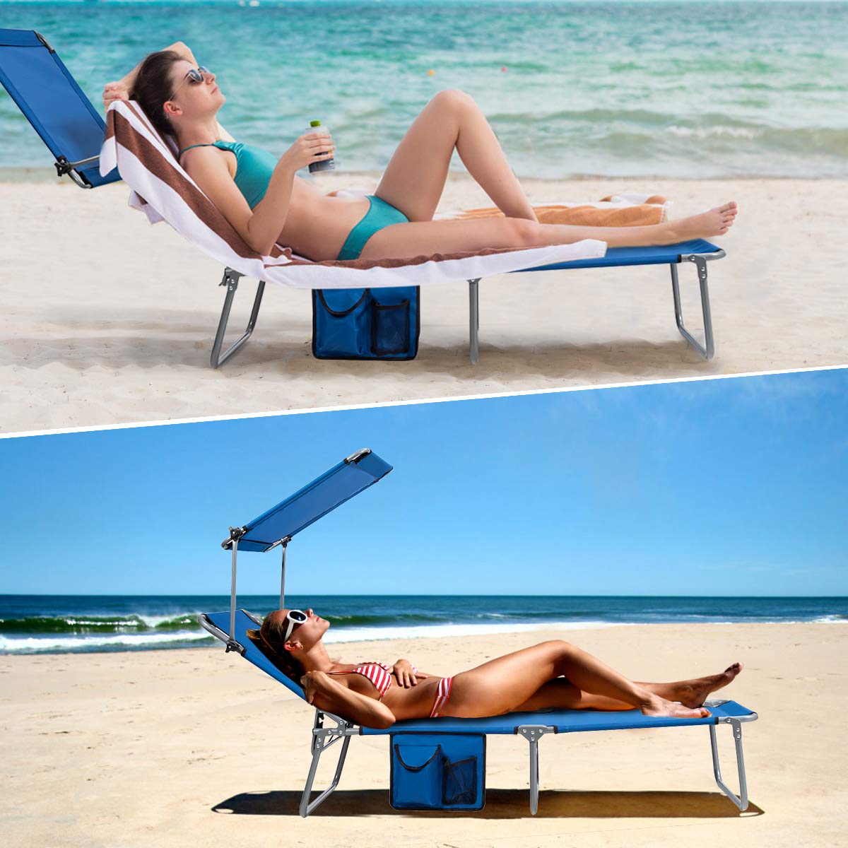 Giantex Adjustable Tanning Chair with Canopy & Storage - 5-Position Patio Chaise Lounge, Foldable Beach Chair for Poolside, Lawn, Camping - Perfect for Sunbathing, Relaxing by the Pool or Beach Vacation (Navy Blue)
