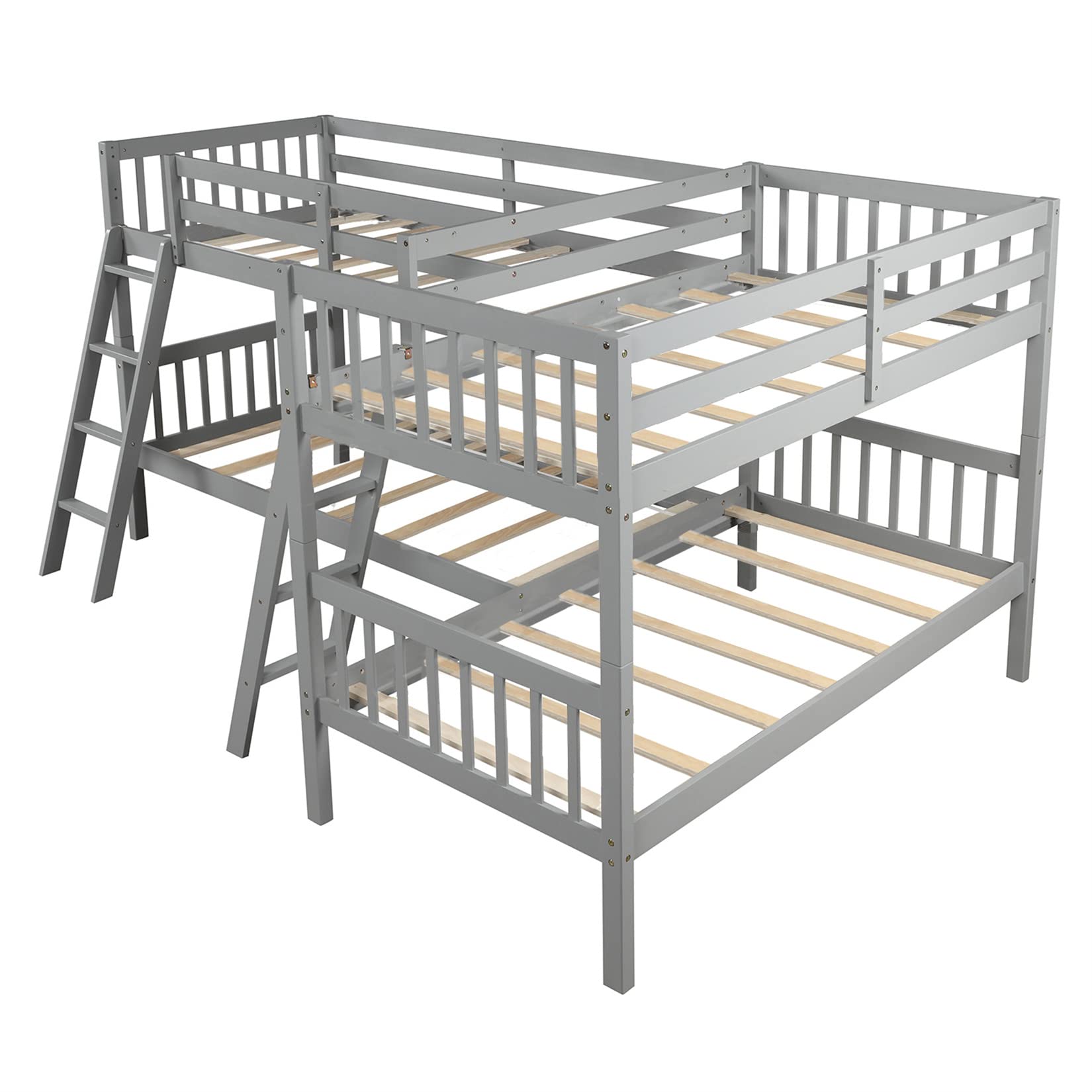 Twin Over Twin L-Shaped Quad Bunk Bed for 4 Kids - Sturdy Wood Loft Bed for Boys, Girls & Teens - Space-Saving Gray Bunk Bed for Small Rooms, Dorms & Shared Kids' Bedrooms